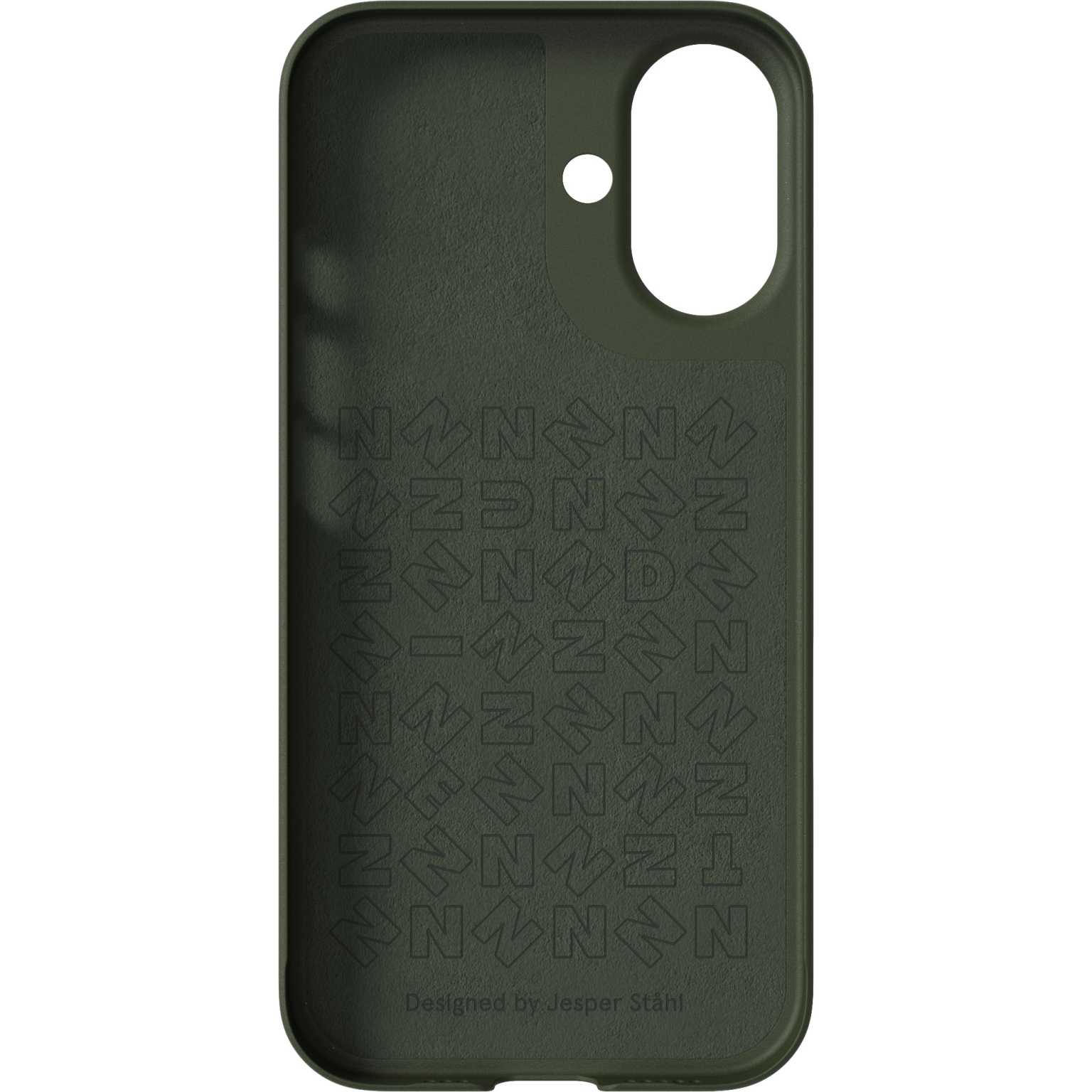 Intérieur d'une coque de téléphone verte avec un motif. Flèches et lettres visibles à l'intérieur.