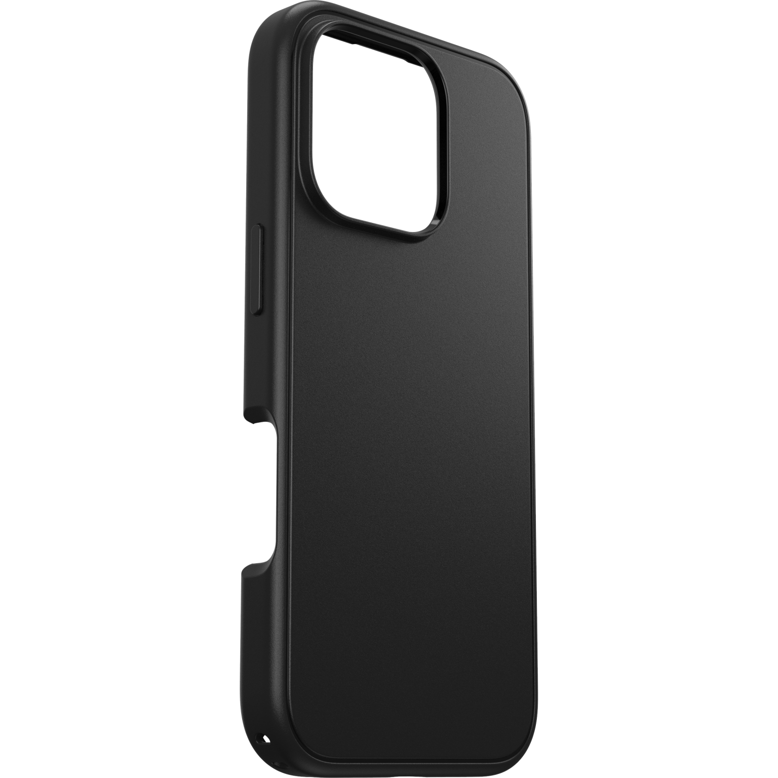 Coque de téléphone noire. Elle a une découpe pour la caméra, des boutons latéraux et un dos lisse. C'est une coque de protection.