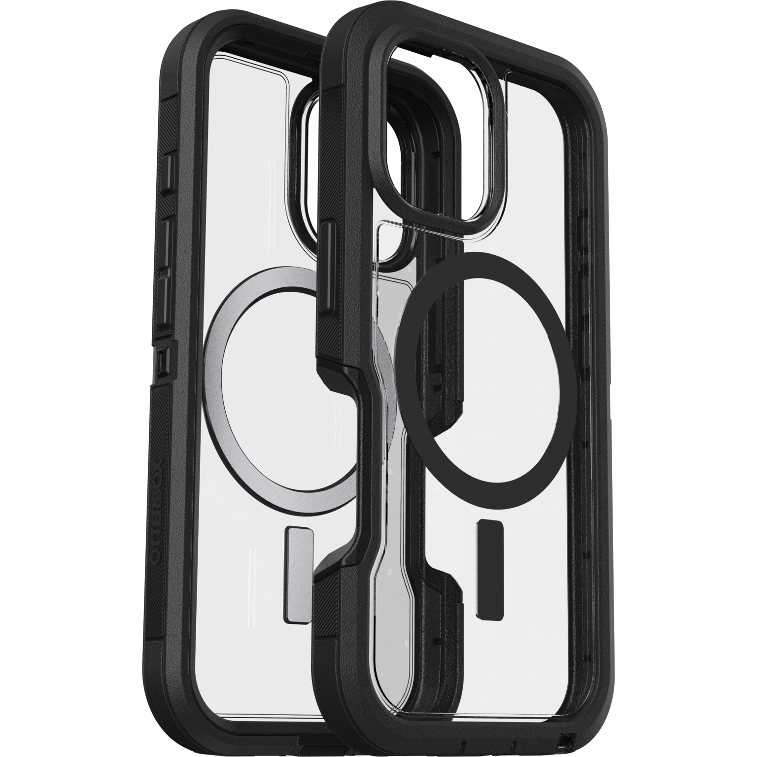 Deux coques de téléphone, cadre noir et dos transparent. Design MagSafe avec cercle et ligne.