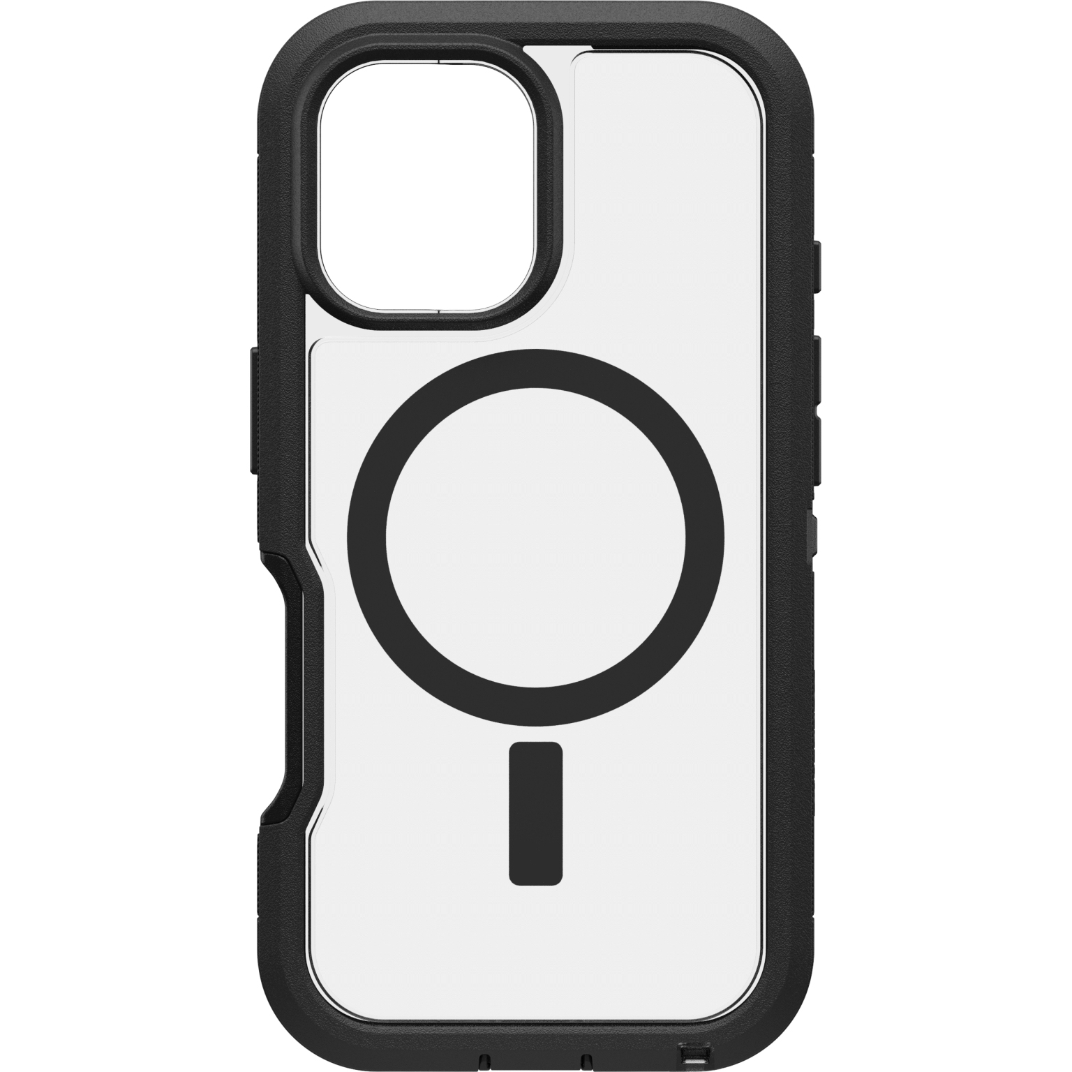 Coque de téléphone noire avec dos transparent et cercle magnétique.