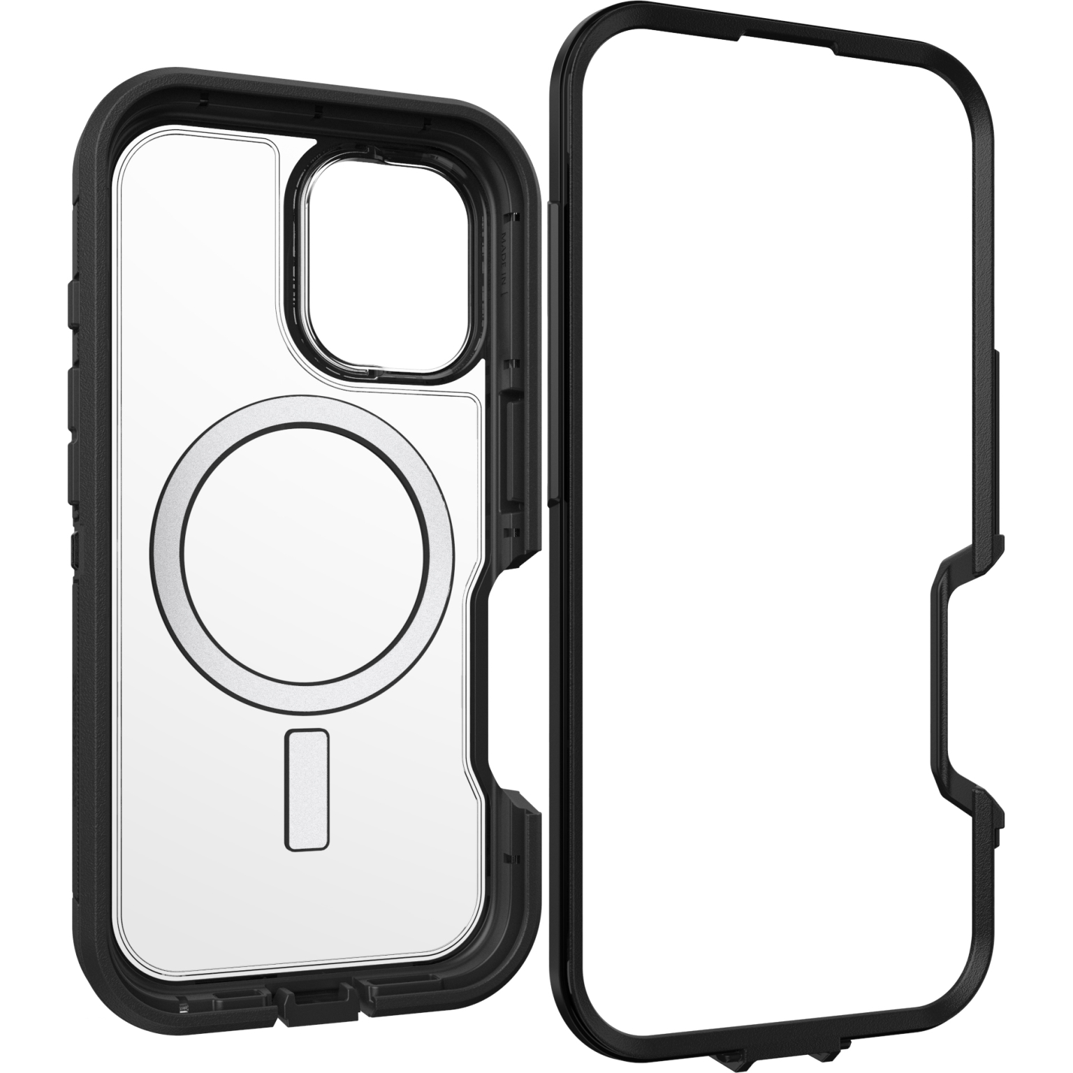 Coque noire et transparente, divisée. Cadre noir avec dos transparent et anneau magnétique.