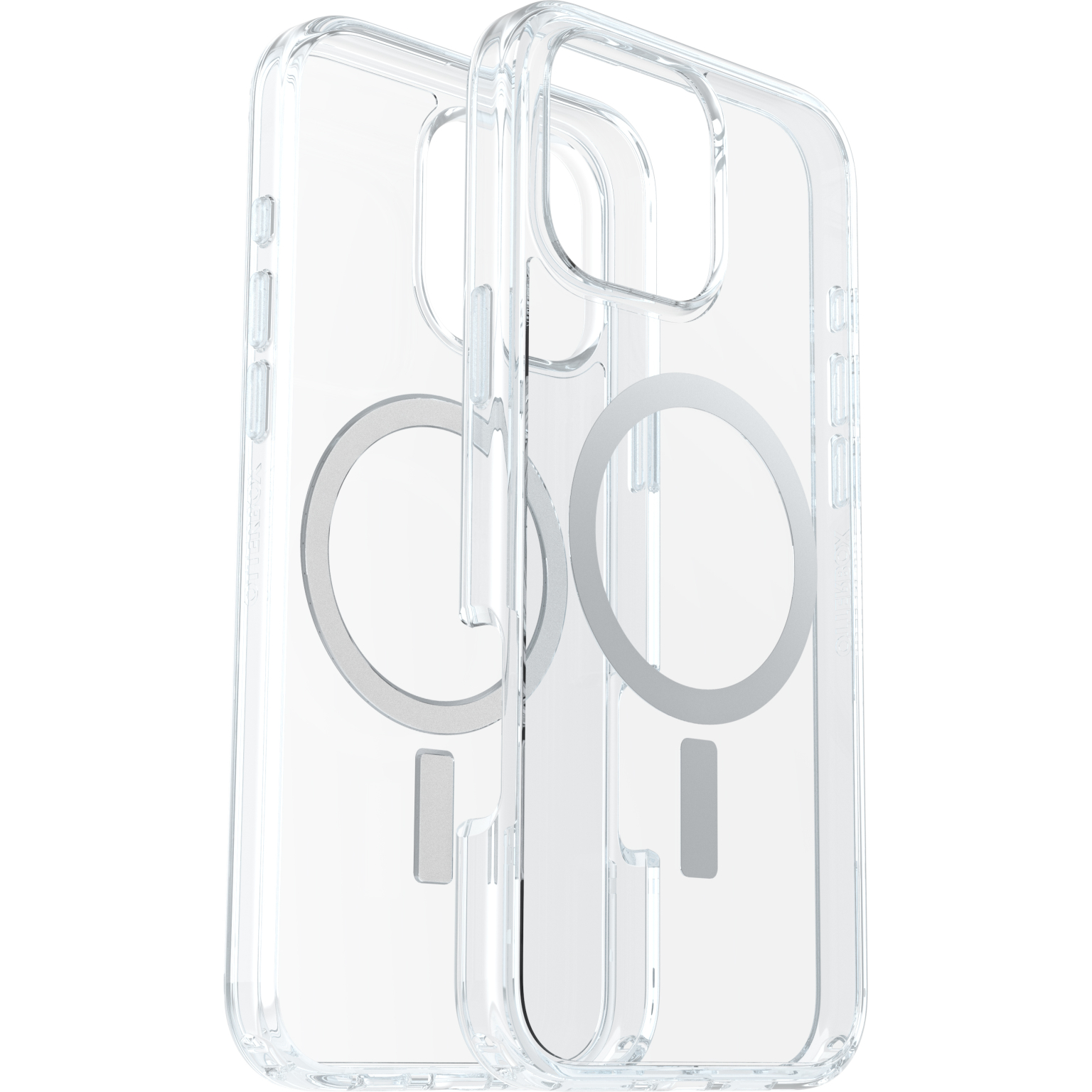 Deux coques de téléphone transparentes côte à côte. Chacune a un cercle et une ligne pour MagSafe.