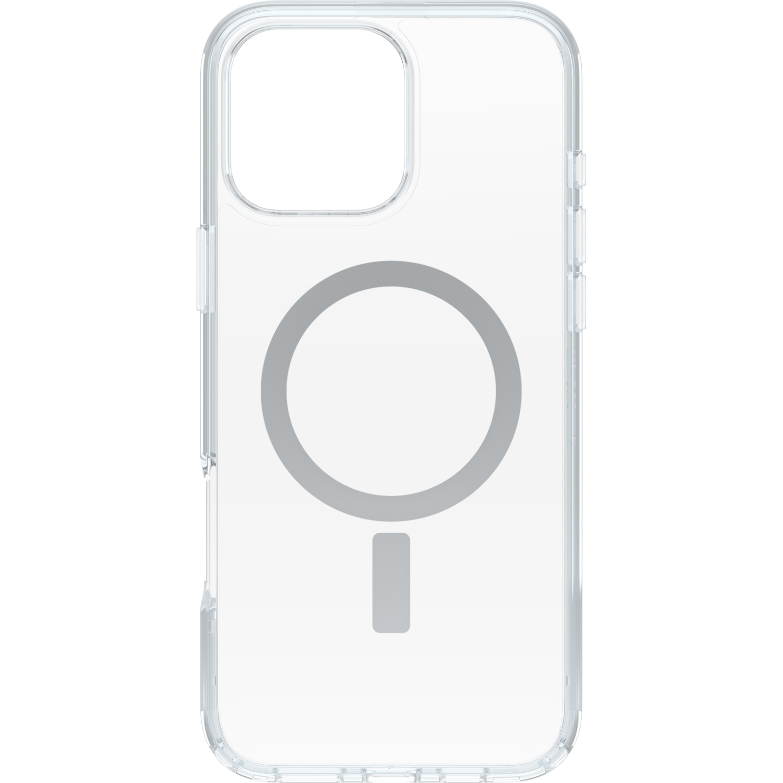 Coque de téléphone transparente avec un design magnétique au dos. Comporte une découpe pour la caméra, des boutons latéraux et est transparente.