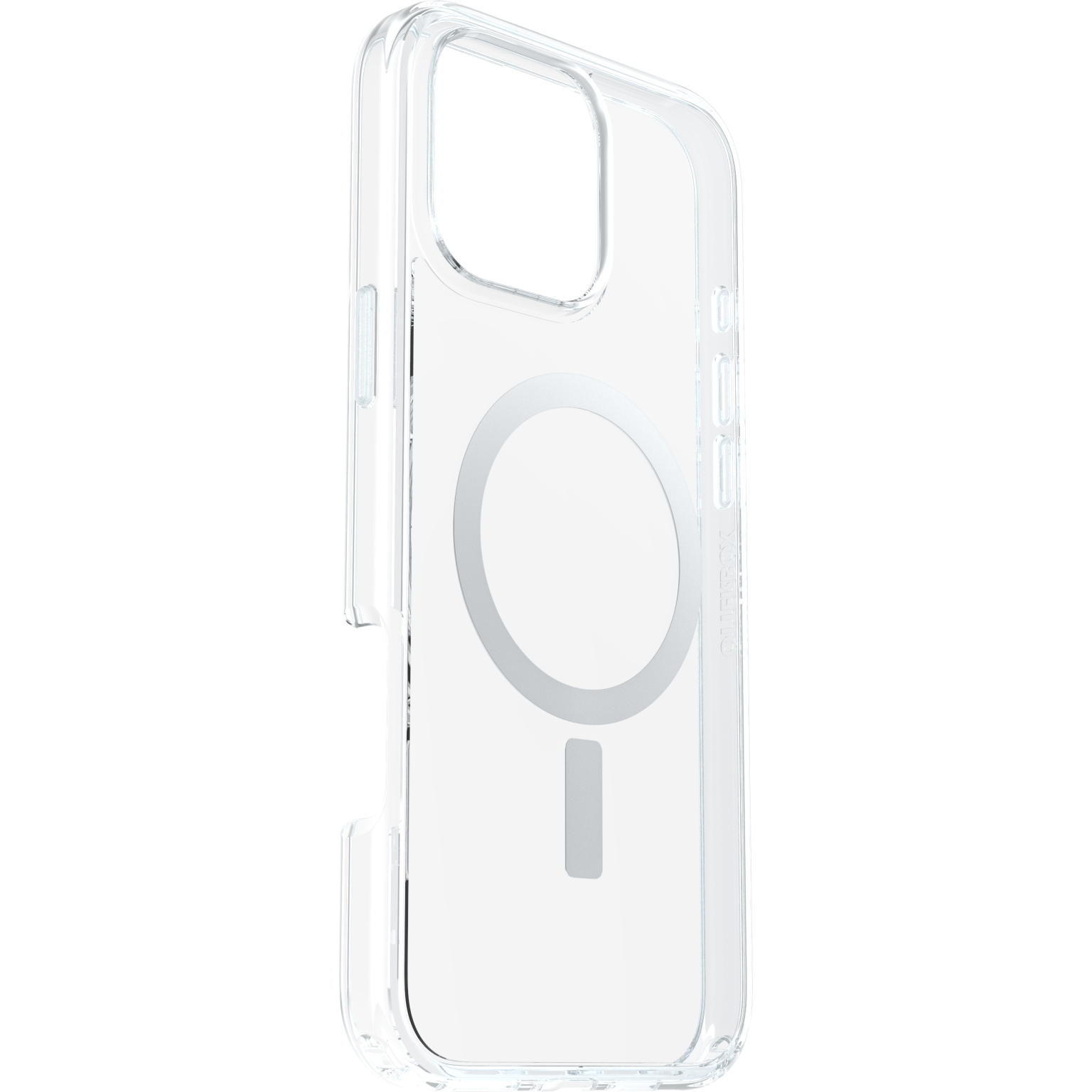 Coque de téléphone transparente avec cercle magnétique et découpe rectangulaire.