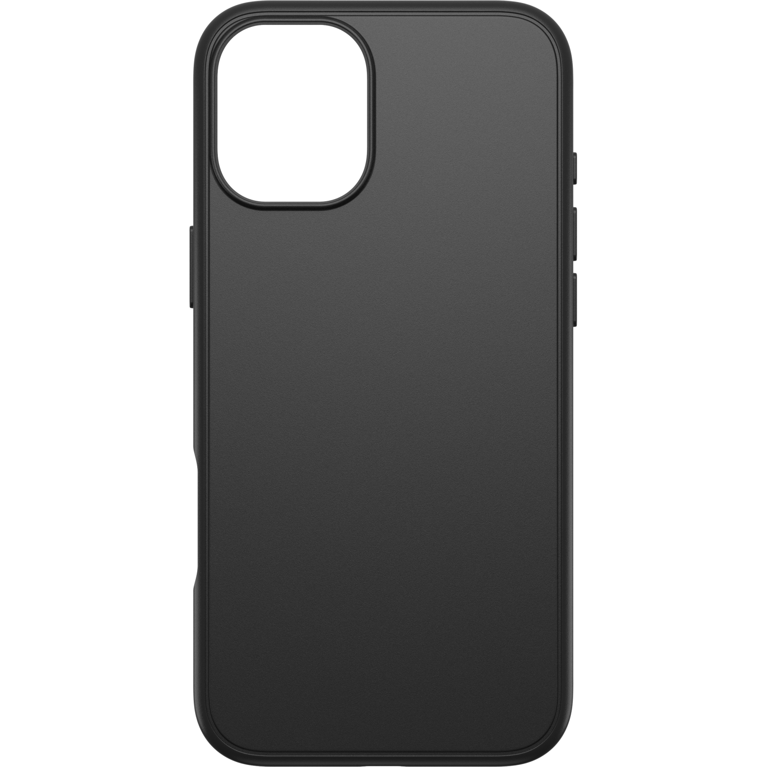 Coque de téléphone noire avec surface lisse. Découpes pour caméra et boutons. Design simple.