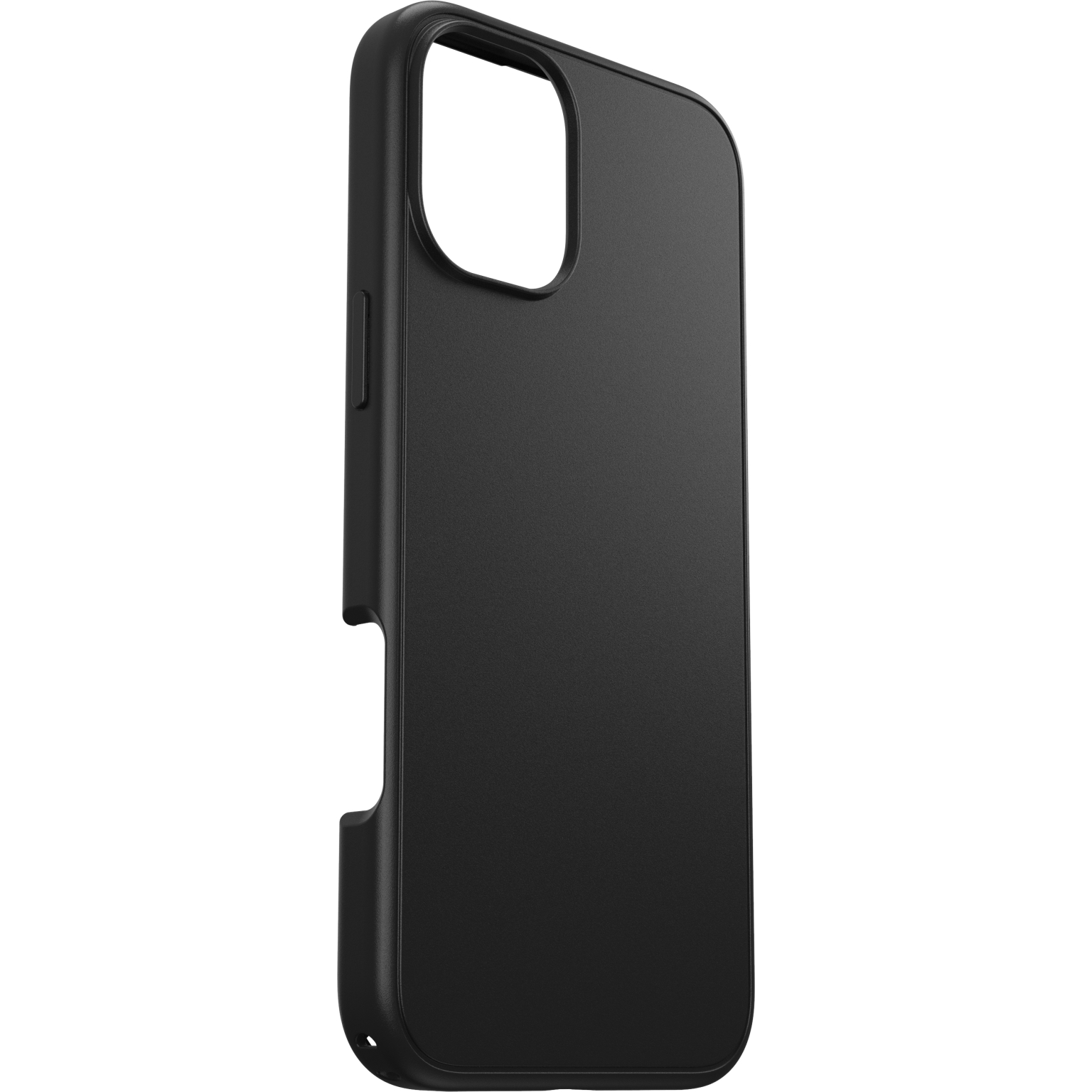 Coque de téléphone noire. Elle a une découpe pour l'appareil photo et des boutons latéraux.