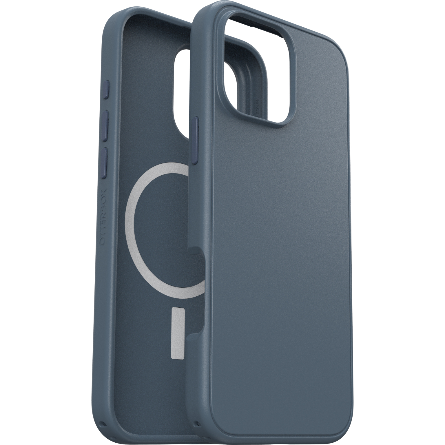 Coque de téléphone bleue avec un motif circulaire blanc à l'intérieur.