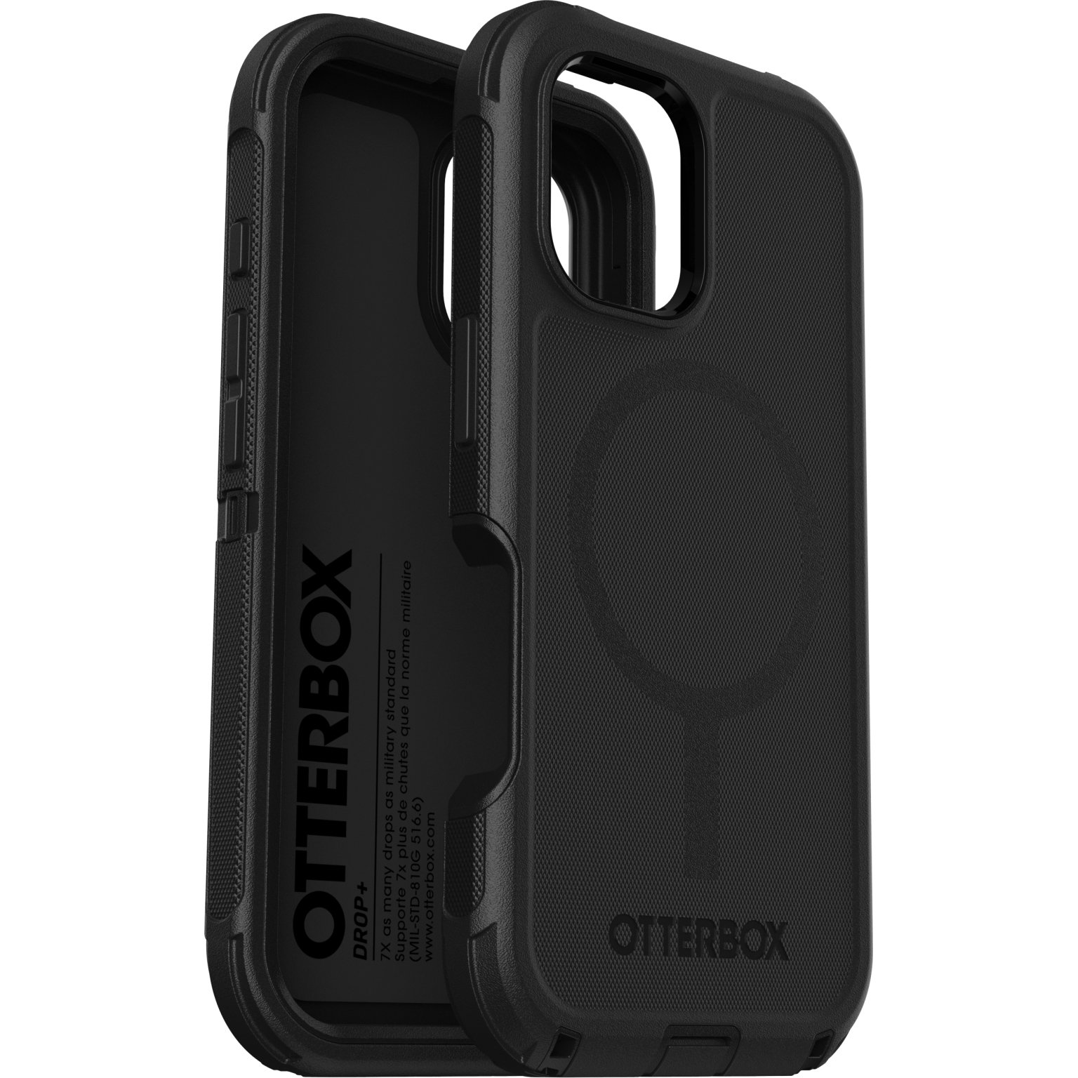 Zwarte Otterbox telefoonhoes, open. Tekst en merkdetails zichtbaar aan de binnenkant.