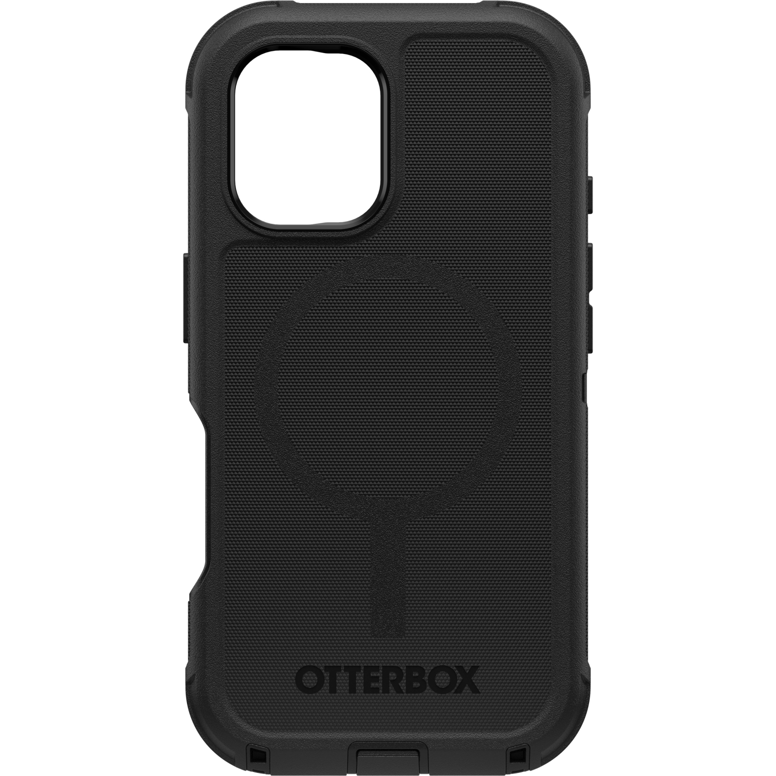 Zwarte iPhone case met getextureerd oppervlak en camera-uitsparing. Otterbox logo.
