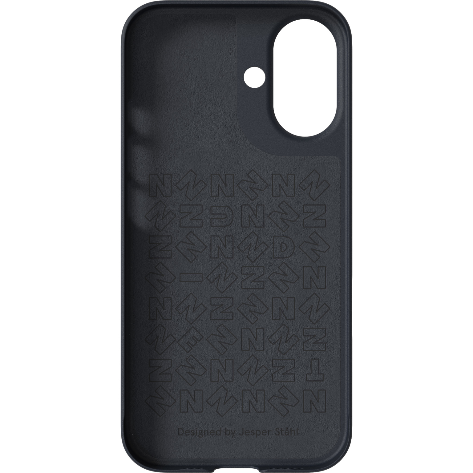 Intérieur de coque noire avec motif flèches et texte. Designé par Jesper Stahl. Bords arrondis.