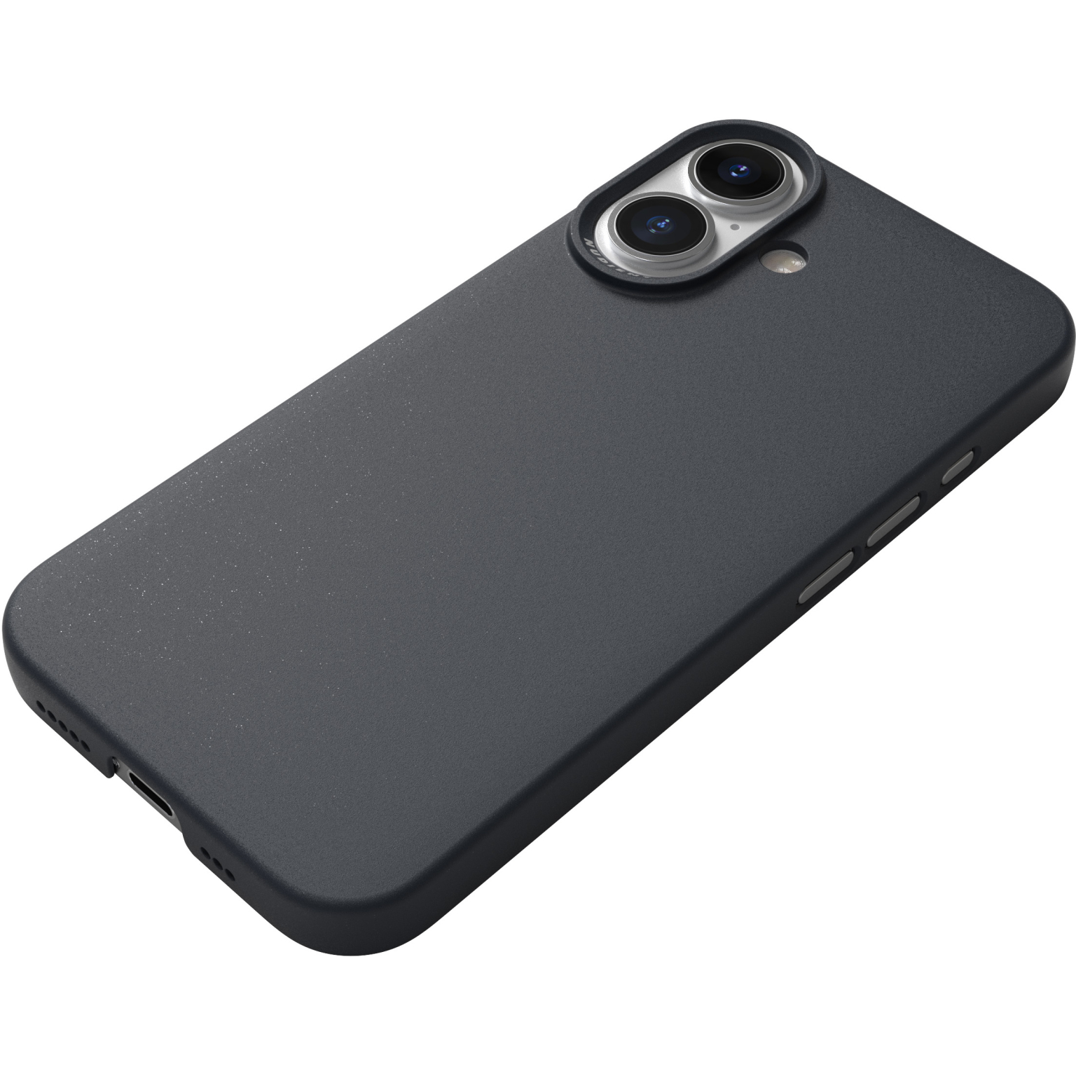Coque de téléphone gris foncé avec deux objectifs de caméra visibles. La coque a une surface lisse.