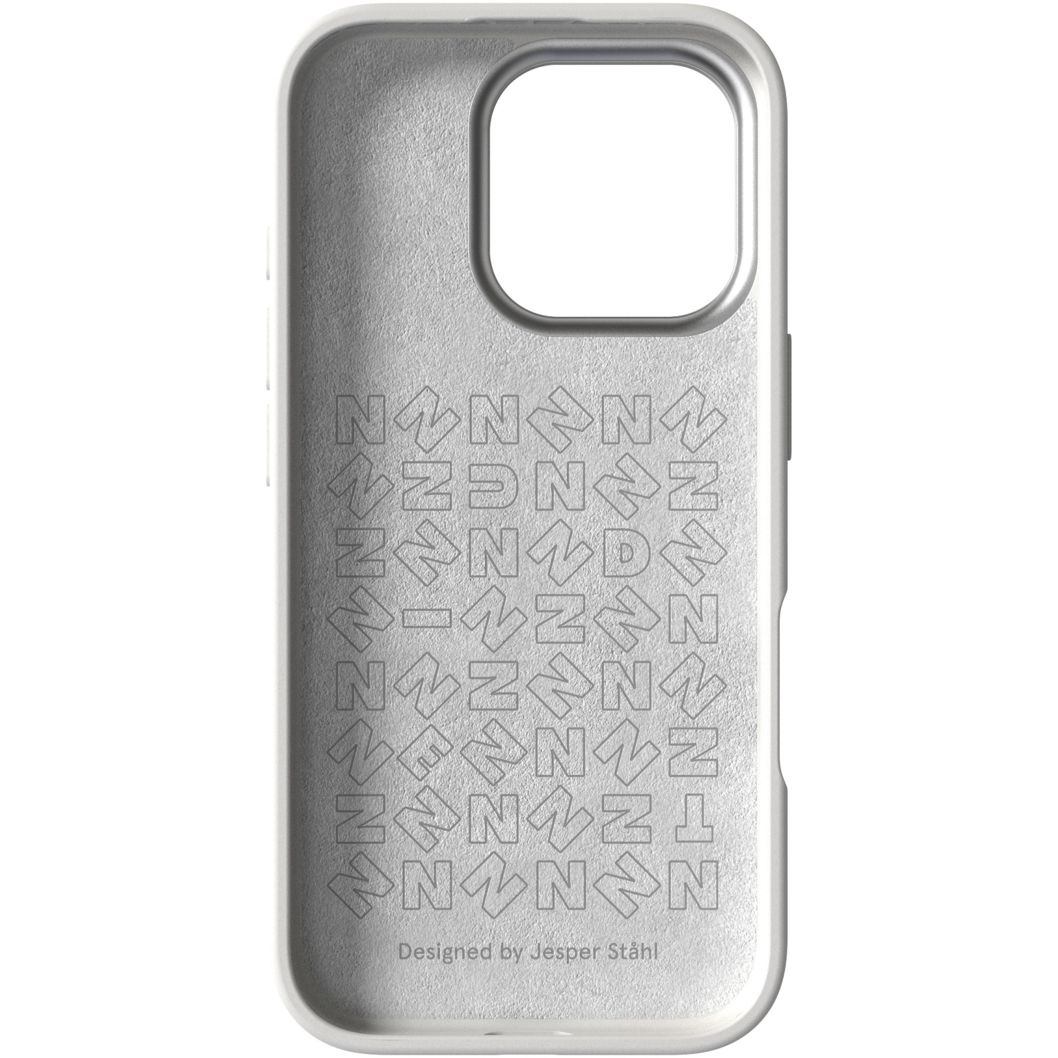Intérieur de coque blanche avec motif de flèches et texte. Conçu par Jesper Ståhl.