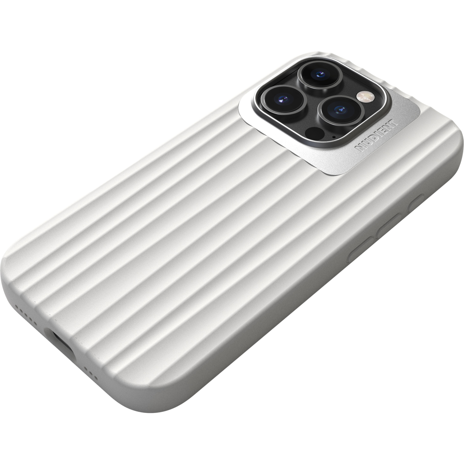 Coque de téléphone blanche avec lignes horizontales, découpe caméra et boutons latéraux.