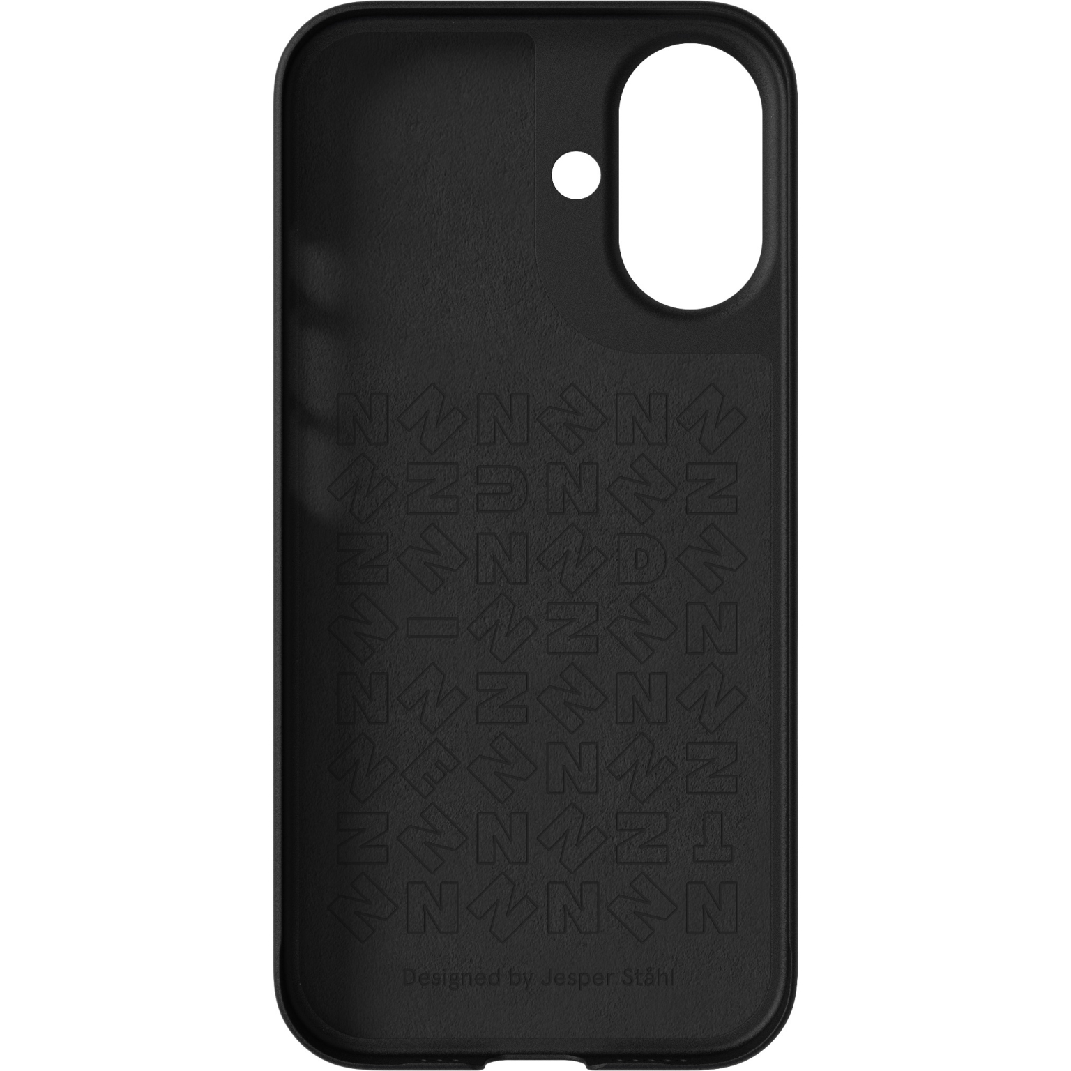 Intérieur de coque de téléphone noir. Comporte une découpe pour caméra et un motif de formes 'N'.
