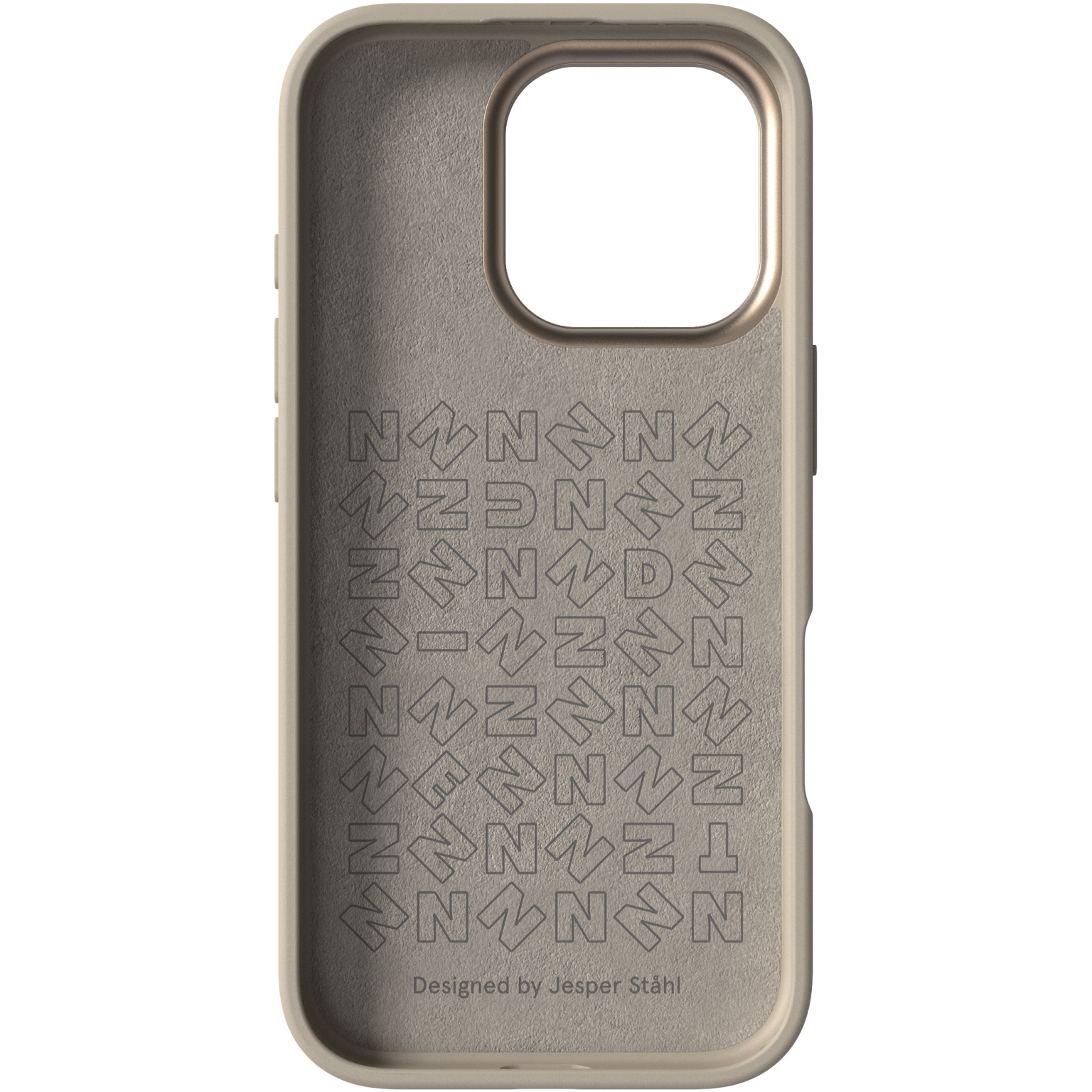 Intérieur de coque beige avec motif de flèches et lettres, et texte : Designed by Jesper Stahl.