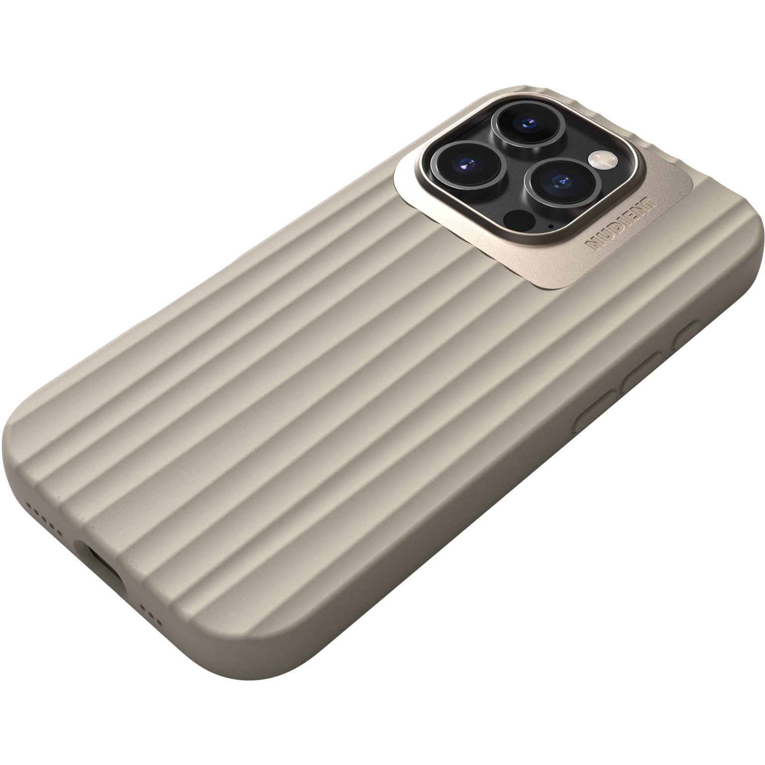 Coque de téléphone beige avec rainures et bosse pour caméra.