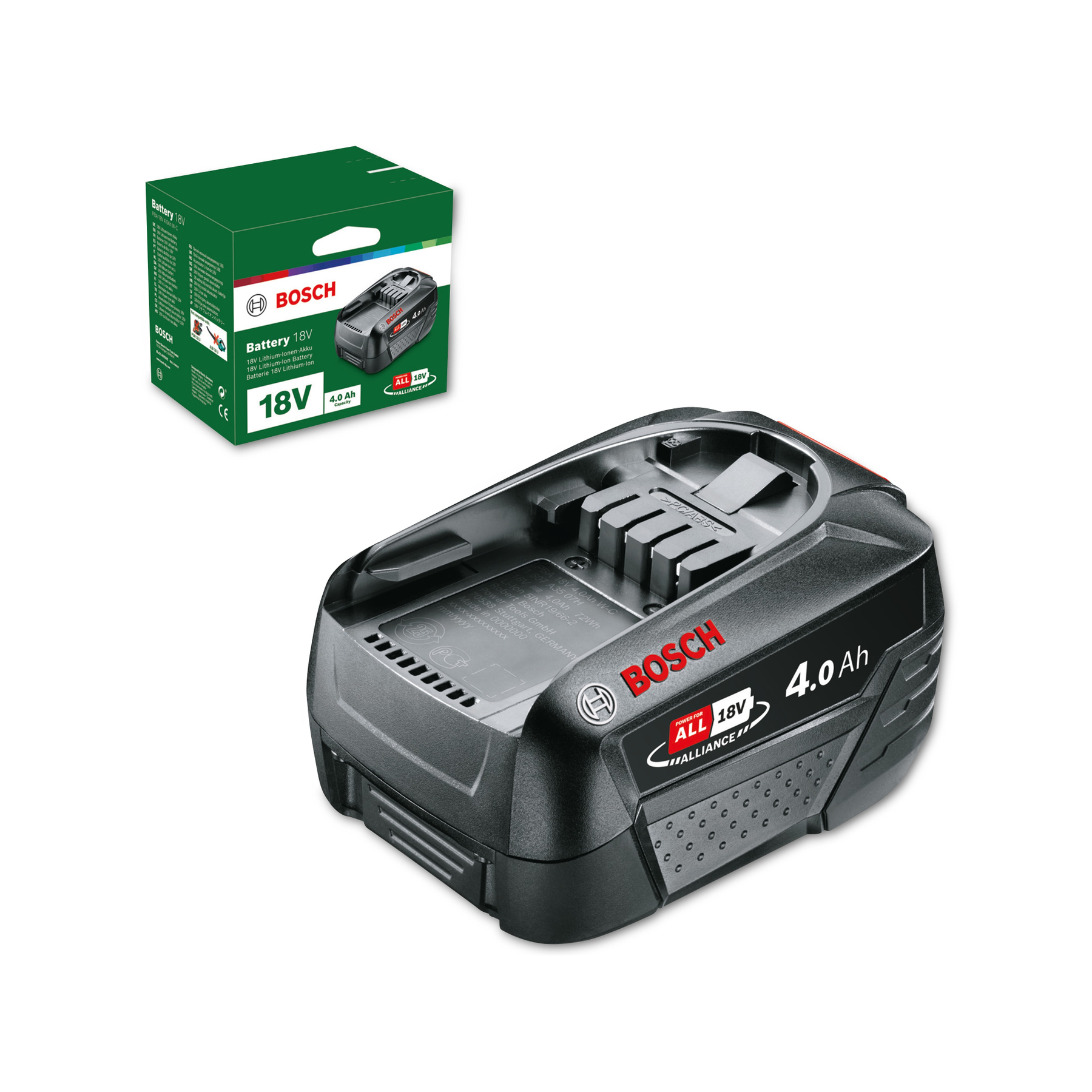 Batería Bosch negra y verde con una caja en el fondo. Es una batería recargable de 18V.