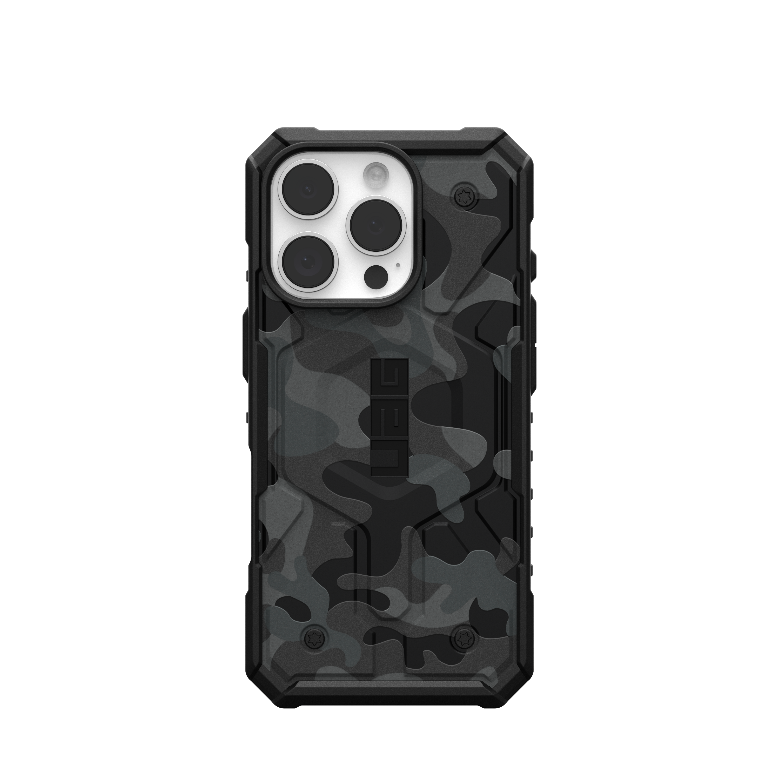Schwarze Handyhülle mit Camouflage-Design und UAG-Logo auf schwarzem Hintergrund.