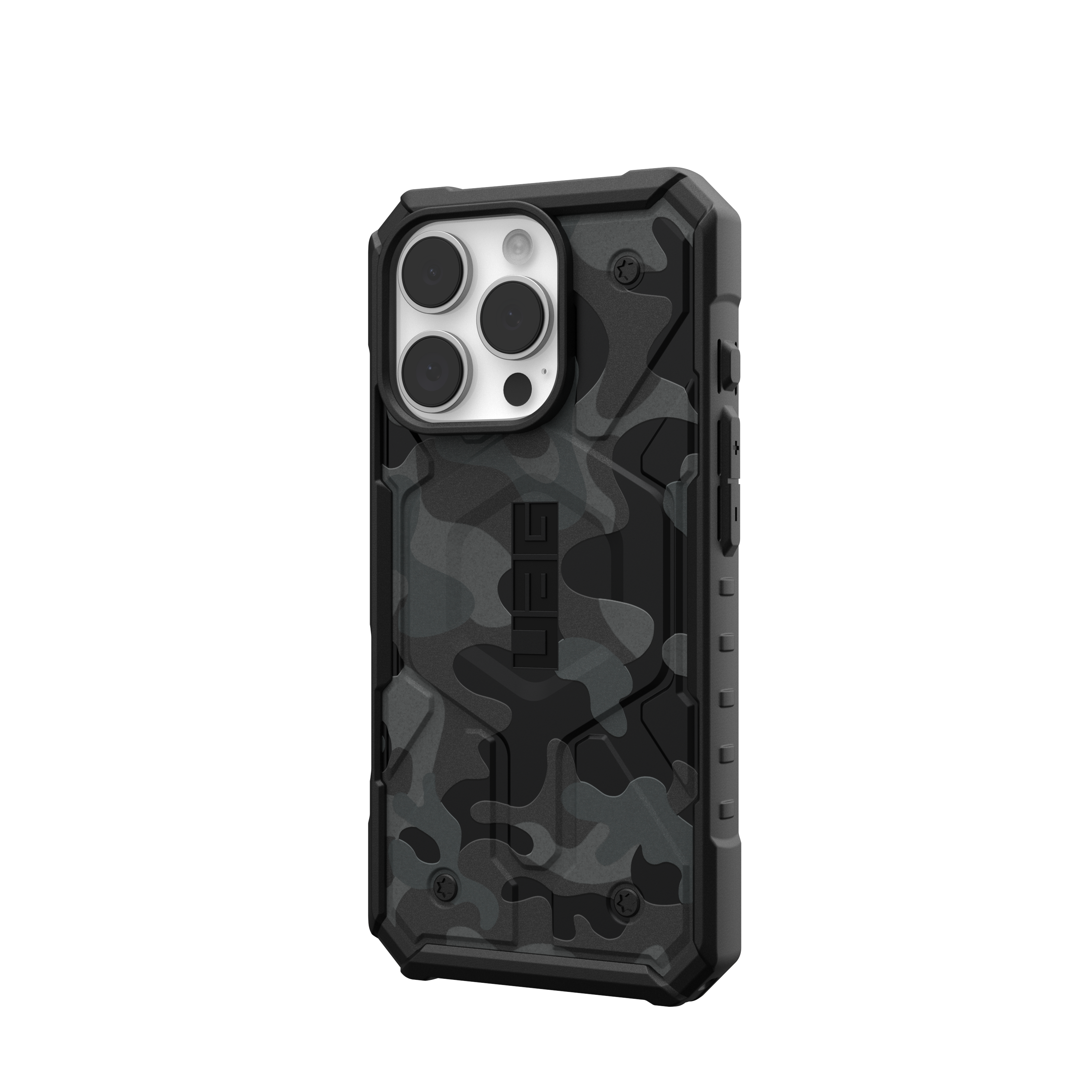 Schwarz-graue Camouflage-Handyhülle. UAG-Schriftzug auf der Rückseite. Auf schwarzem Hintergrund.