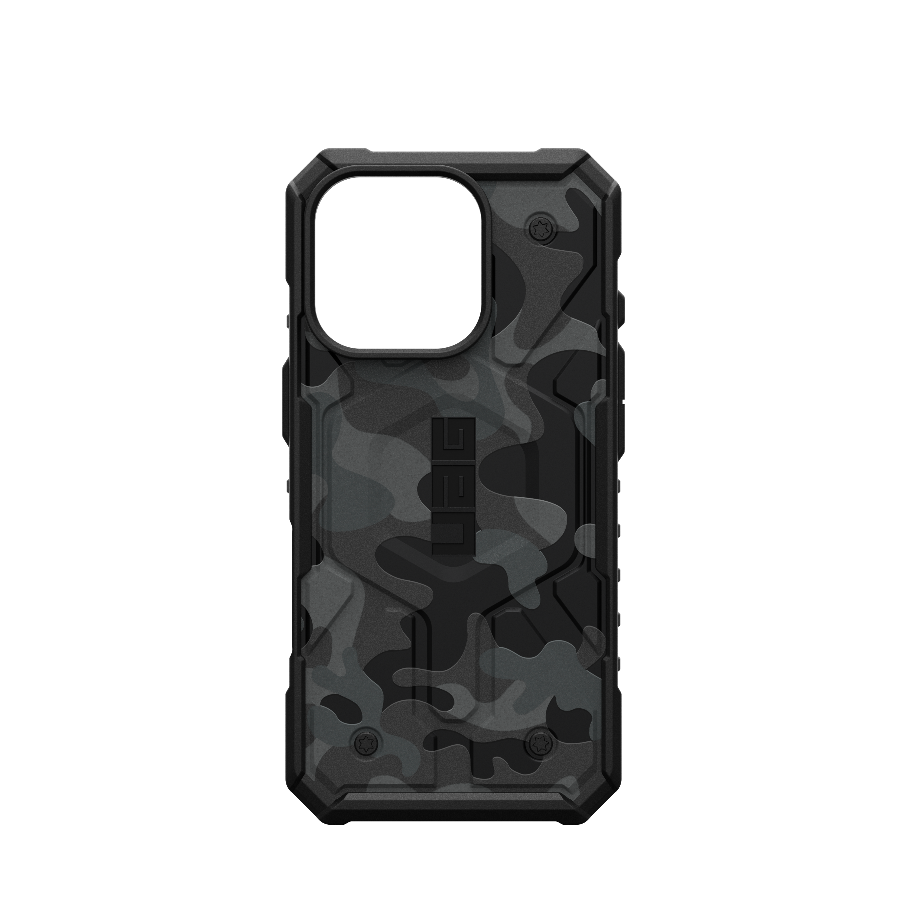 Schwarz-graue Camouflage-Handyhülle. Rechteckige Handyhülle mit UAG-Logo.