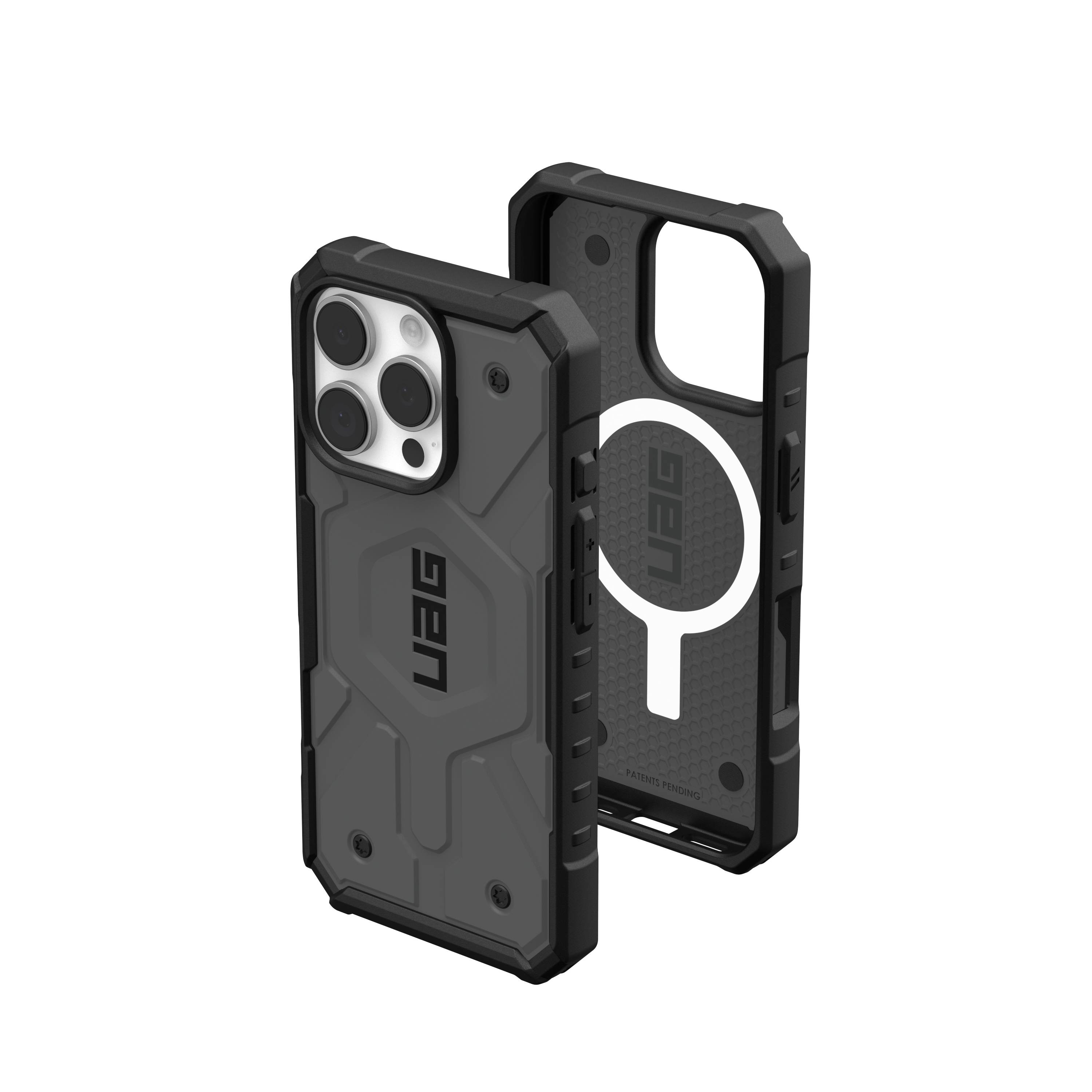 Custodia per telefono nera con logo UAG. Sono mostrate due parti, una con un magnete.