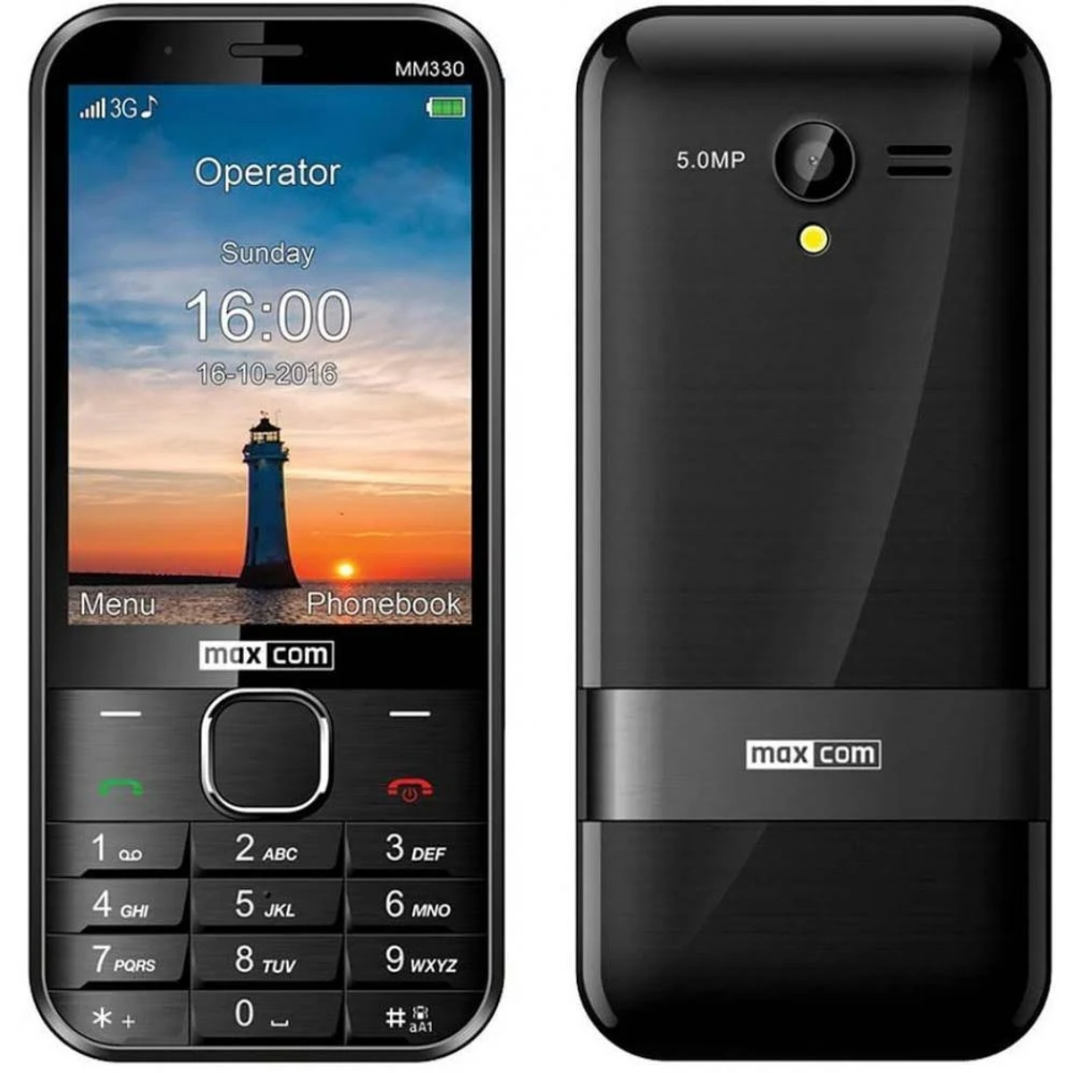 Cellulare nero. Il display mostra un'immagine del faro e l'ora. Ha tasti numerici e un pulsante menu.
