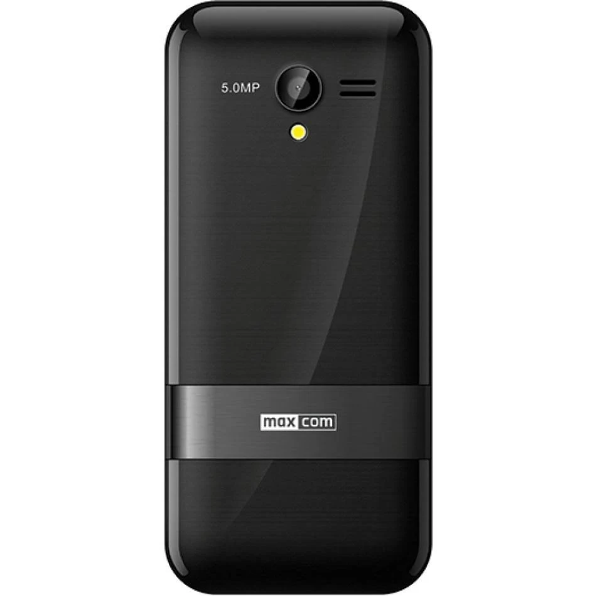 Telefono Max Com nero, vista posteriore, fotocamera e altoparlante.