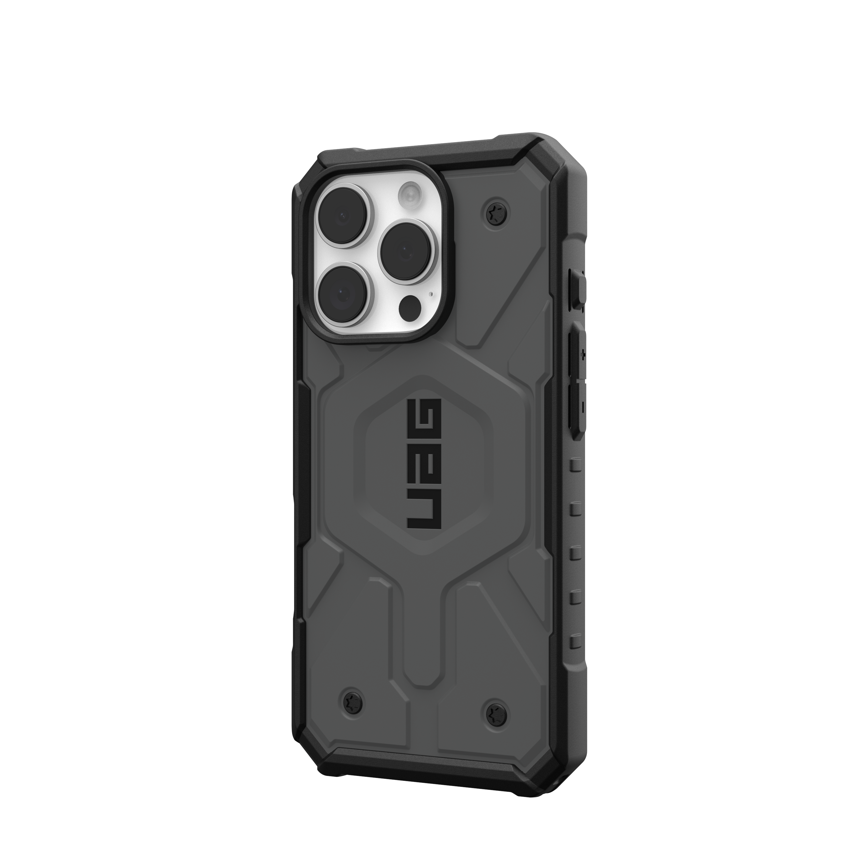 Custodia per telefono grigio scuro con design robusto, sporgenza fotocamera e scritta "UAG".