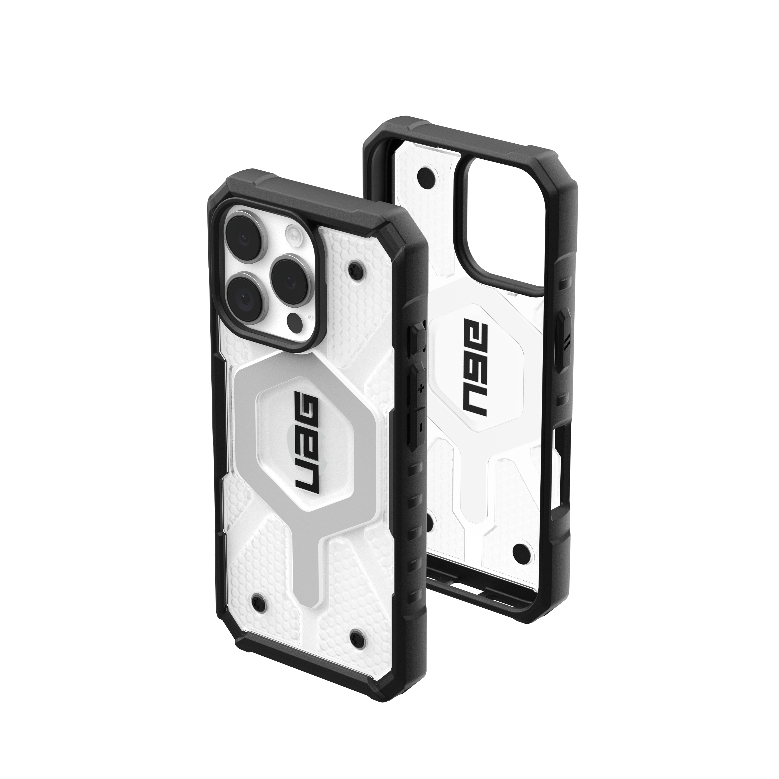 Custodia per telefono bianca e nera con logo UAG. Custodia angolata.