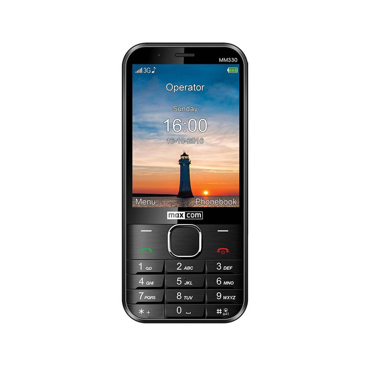 Telefono MaxCom nero con tasti e schermo che mostra l'immagine di un faro. Sfondo bianco.
