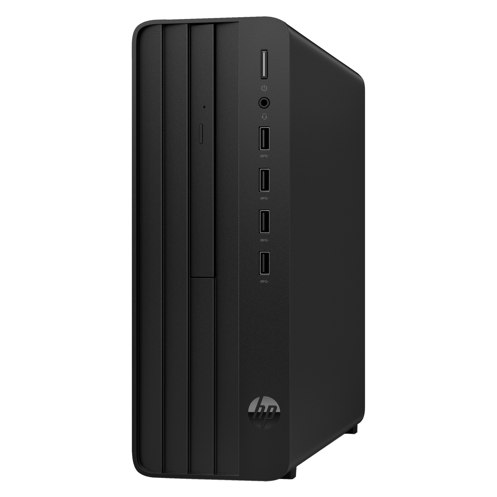 Czarny komputer stacjonarny HP, widok z przodu, z widocznymi portami i logo.
