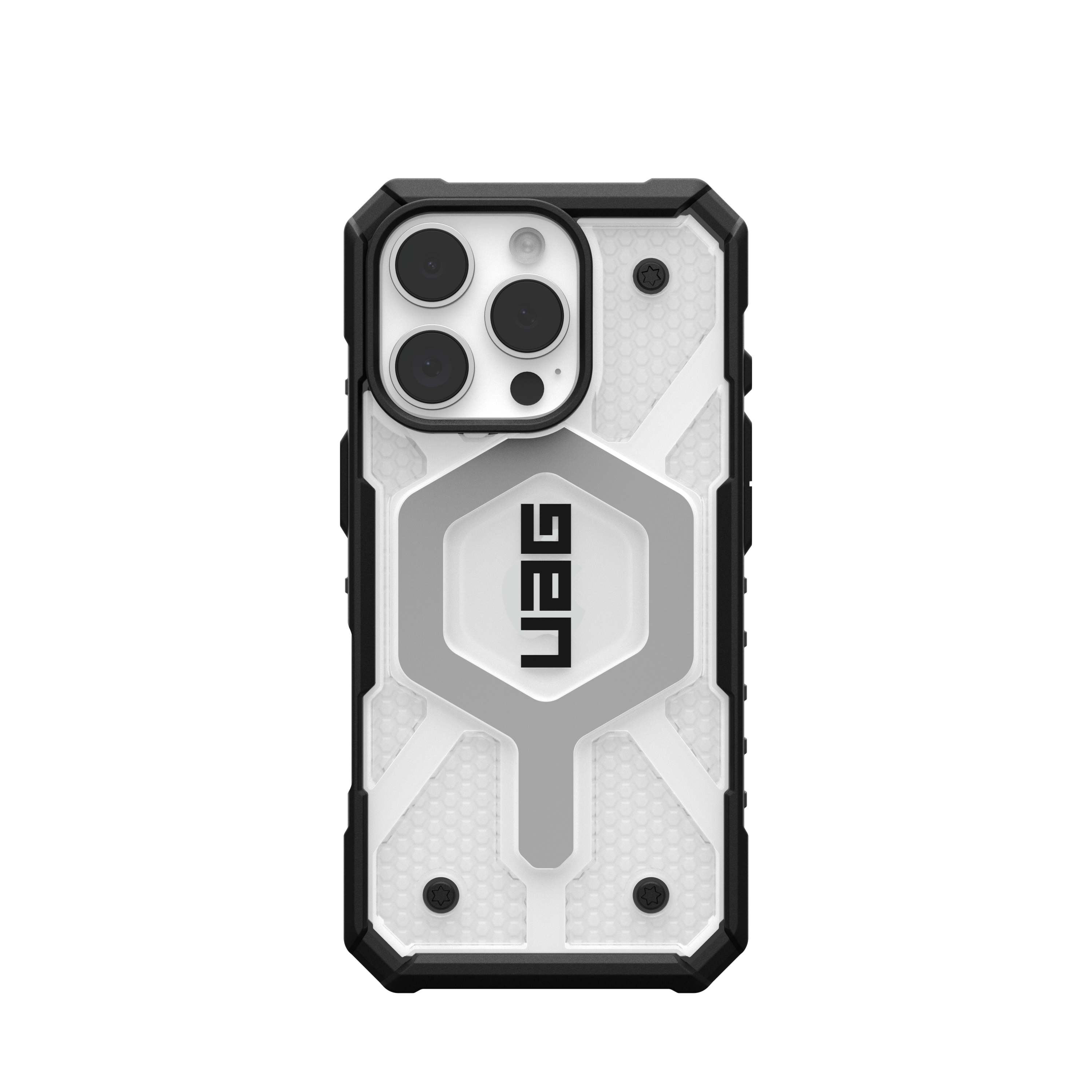 Custodia per telefono nera, bianca e grigia con logo UAG.