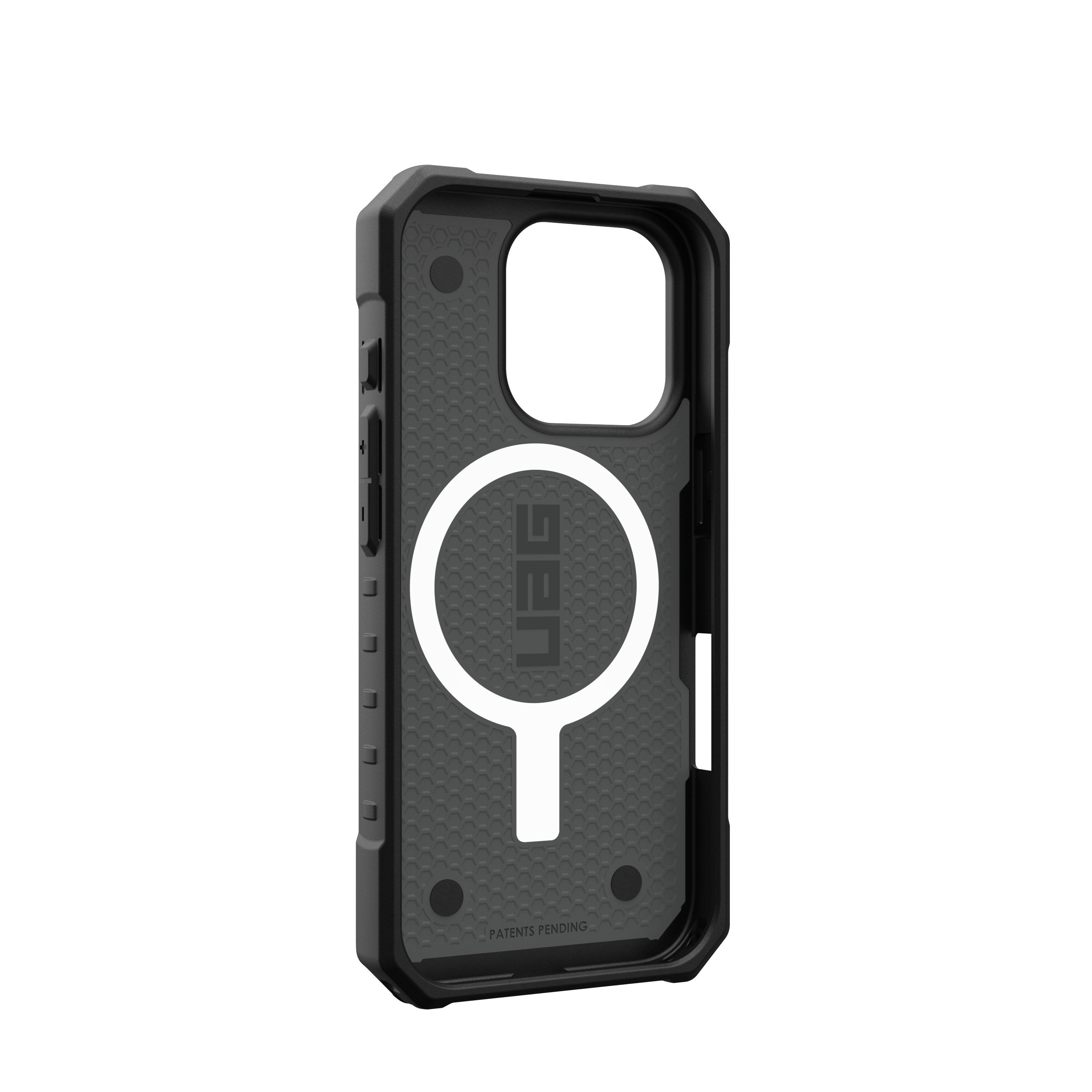 Custodia per telefono nera con cerchio MagSafe bianco e interno nero. Sfondo nero.