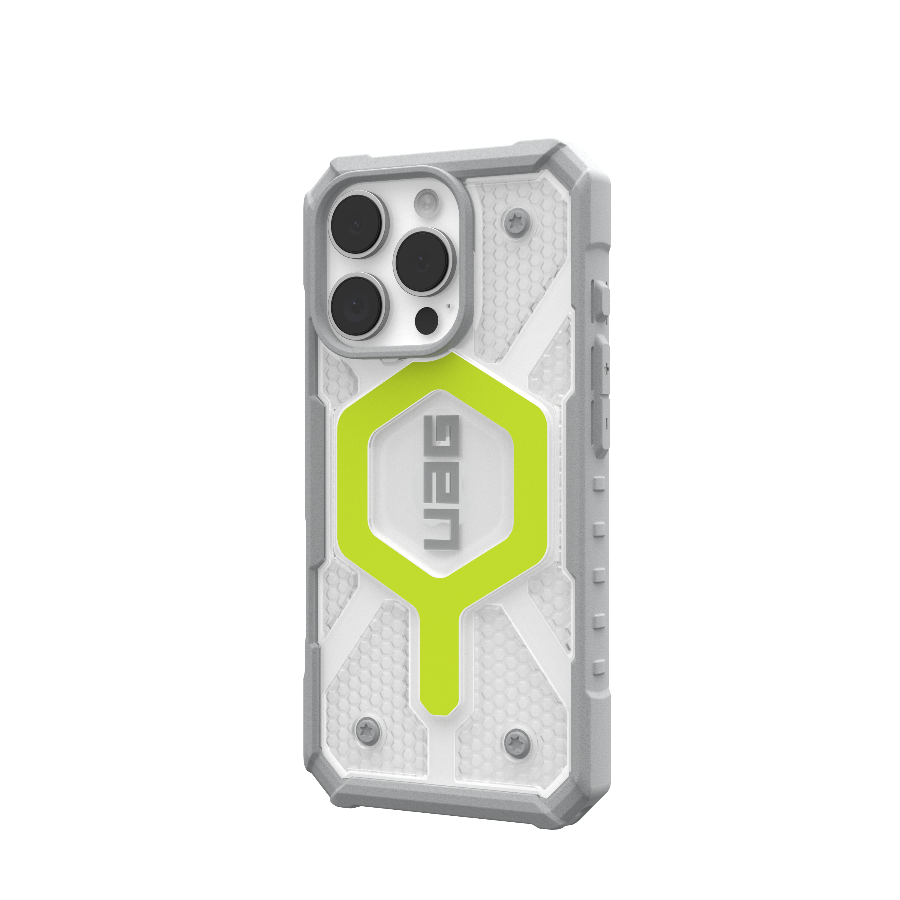 Eine weiß-graue Handyhülle mit grünem Akzent. Das UAG-Logo ist sichtbar.