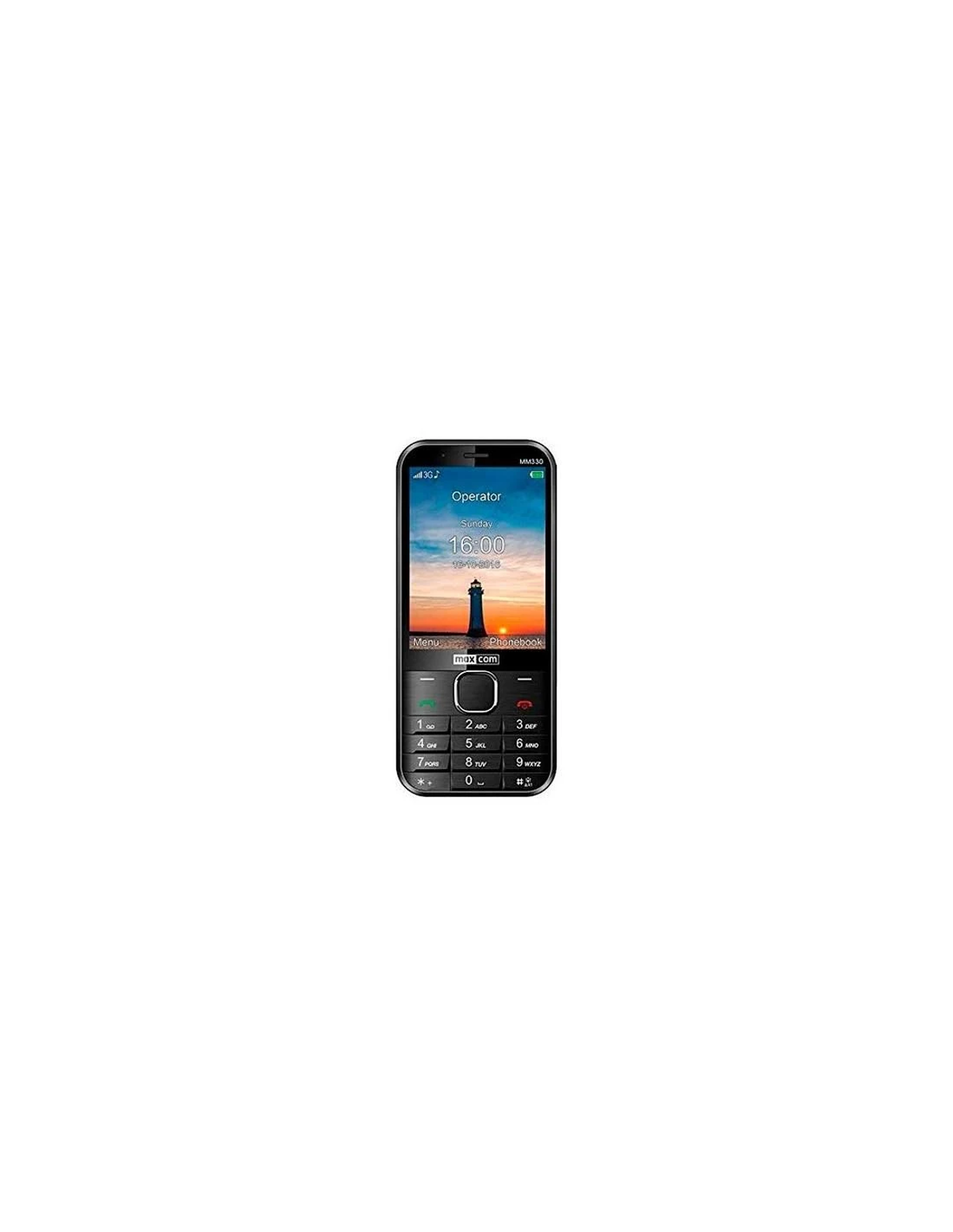 Un telefono nero con tastiera e schermo. Lo schermo mostra l'ora. Sfondo bianco.
