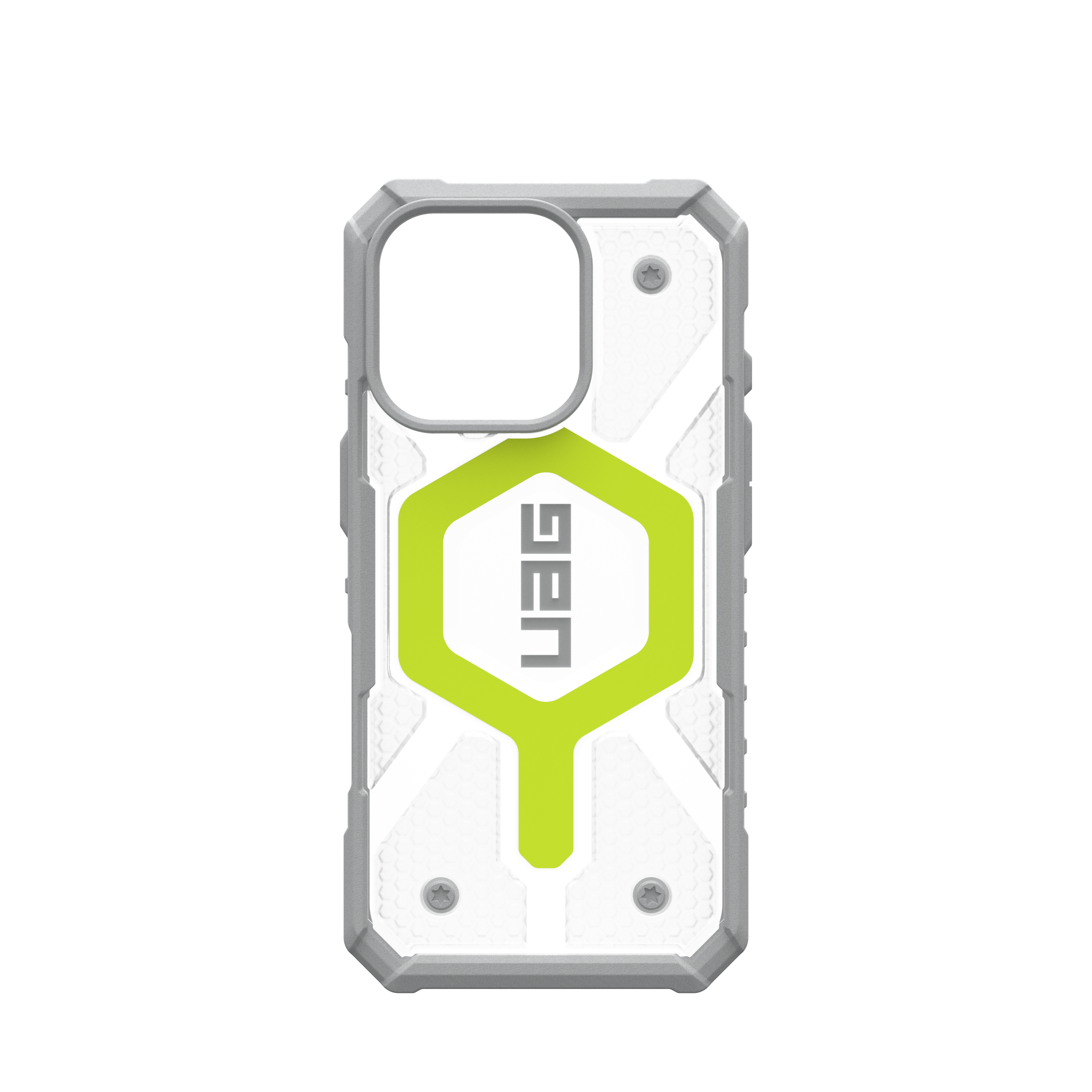 Eine weiß-graue Handyhülle mit grünem 'UAG' Logo und Schrauben.