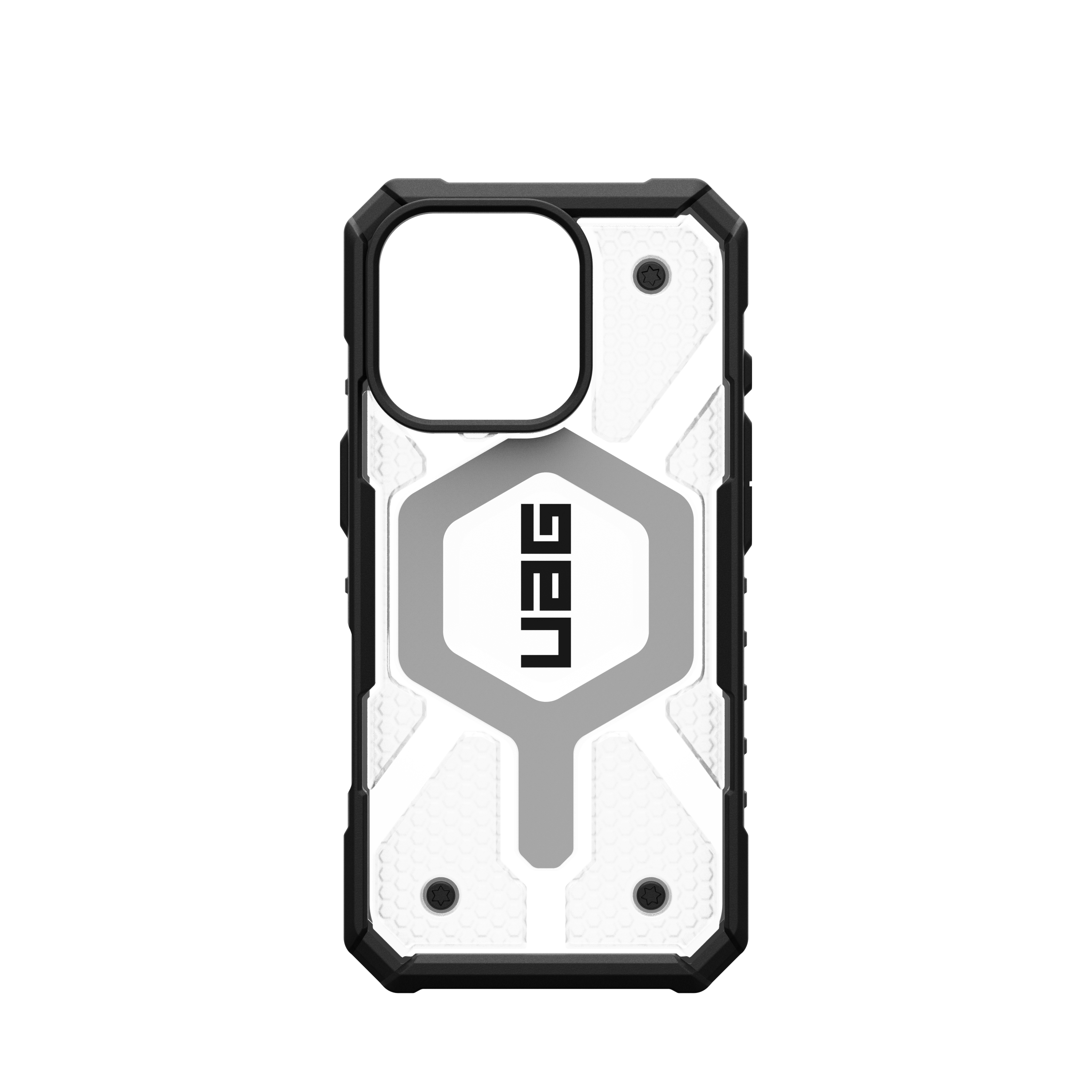 Custodia per telefono bianca e nera con logo UAG. Design esagonale. Sfondo nero.