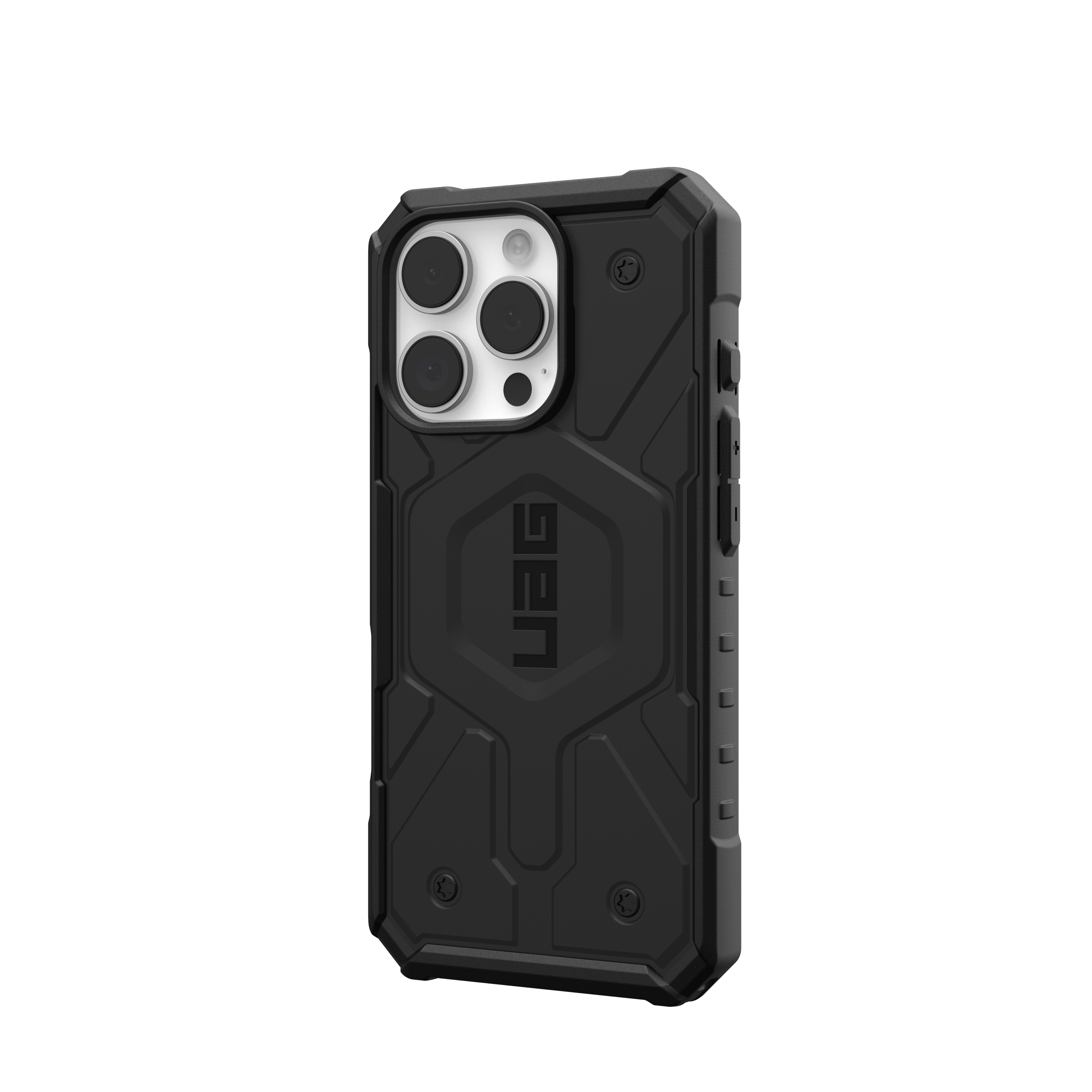 Schwarze Handyhülle mit robustem Design, UAG-Logo und Kameraausschnitten.