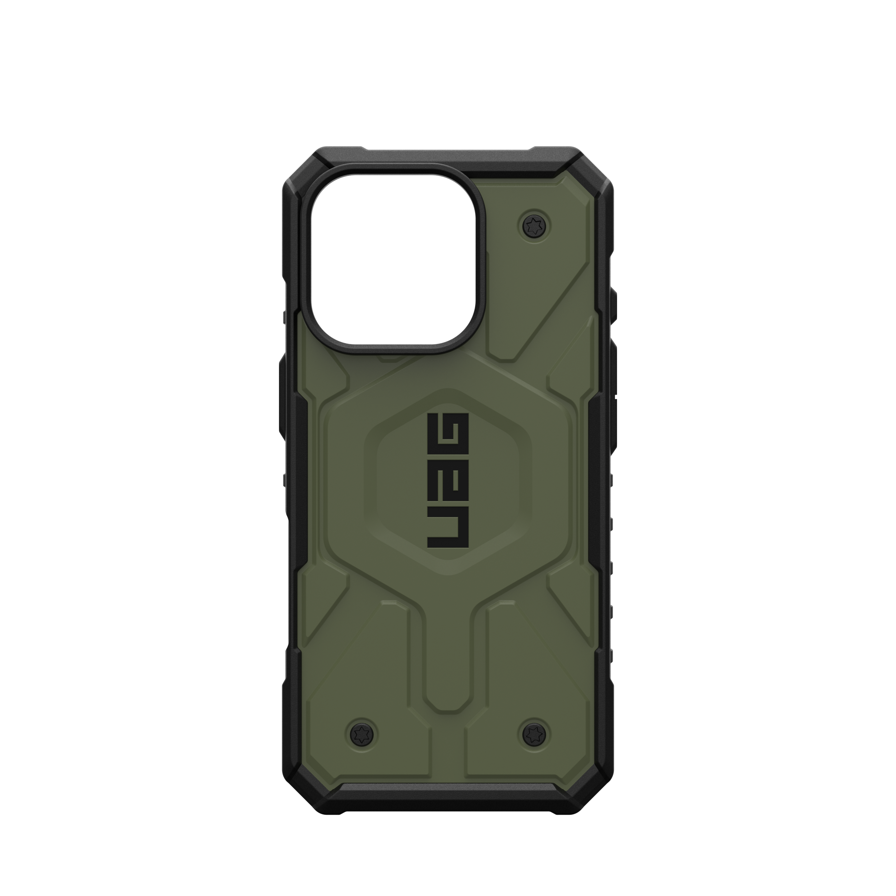 Olivgrüne Handyhülle mit schwarzem Rand und UAG-Logo.