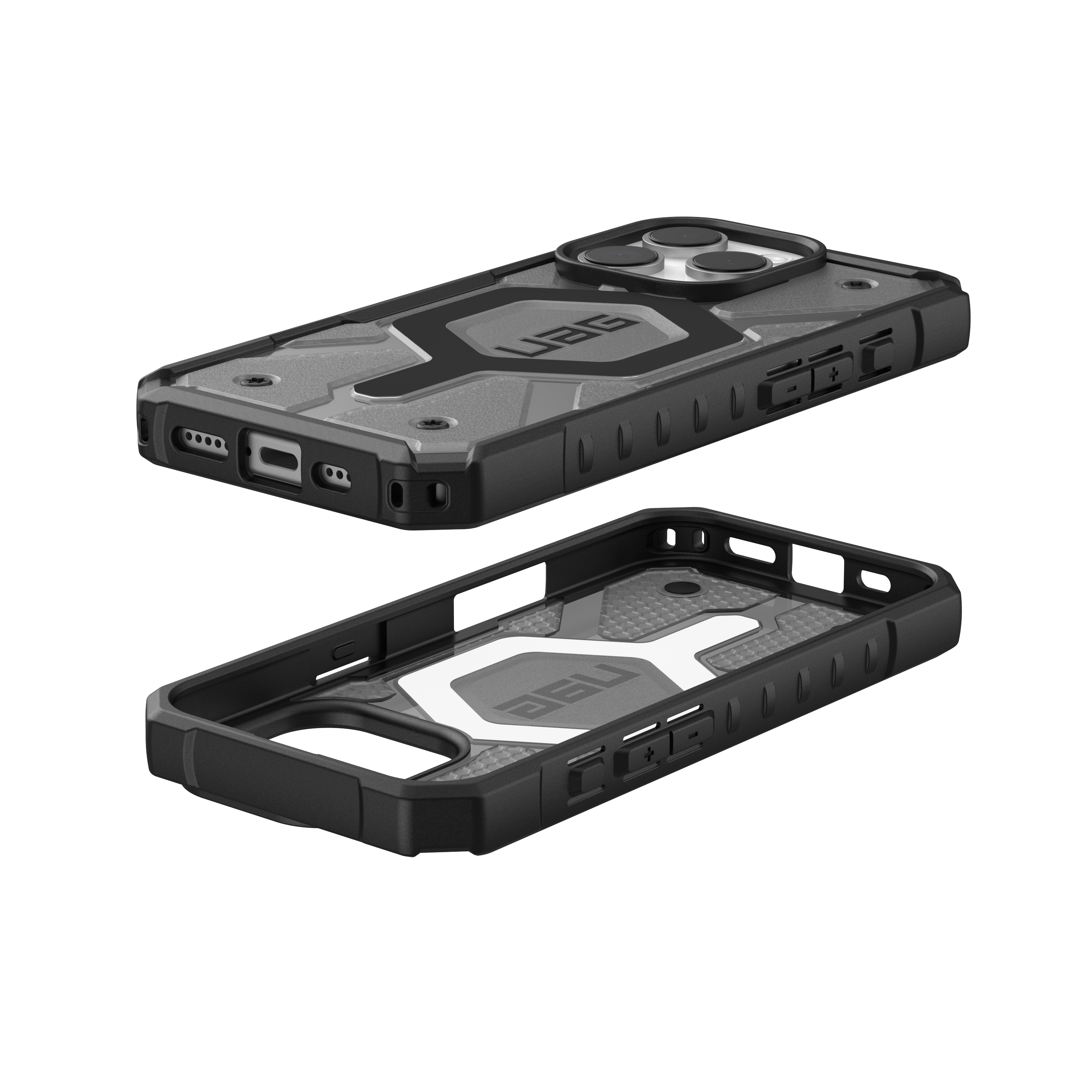 Due custodie per telefono nere, una aperta e una chiusa, logo UAG. Sfondo nero.