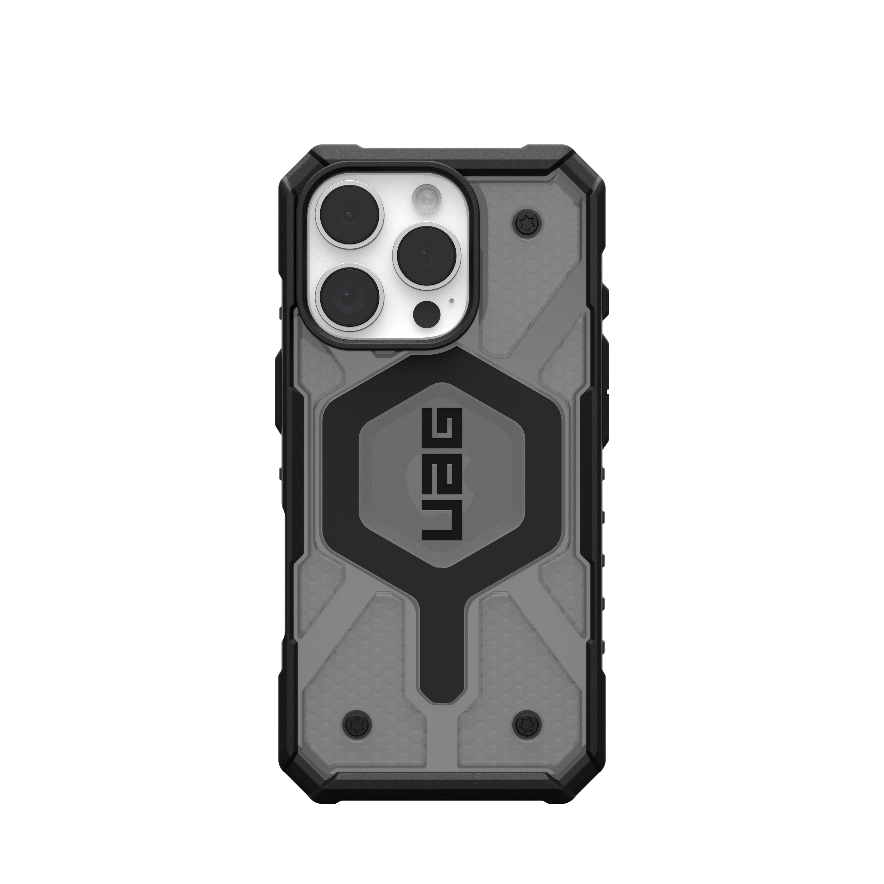 Una custodia per telefono nera e grigia con il logo UAG. La custodia è in plastica e gomma.
