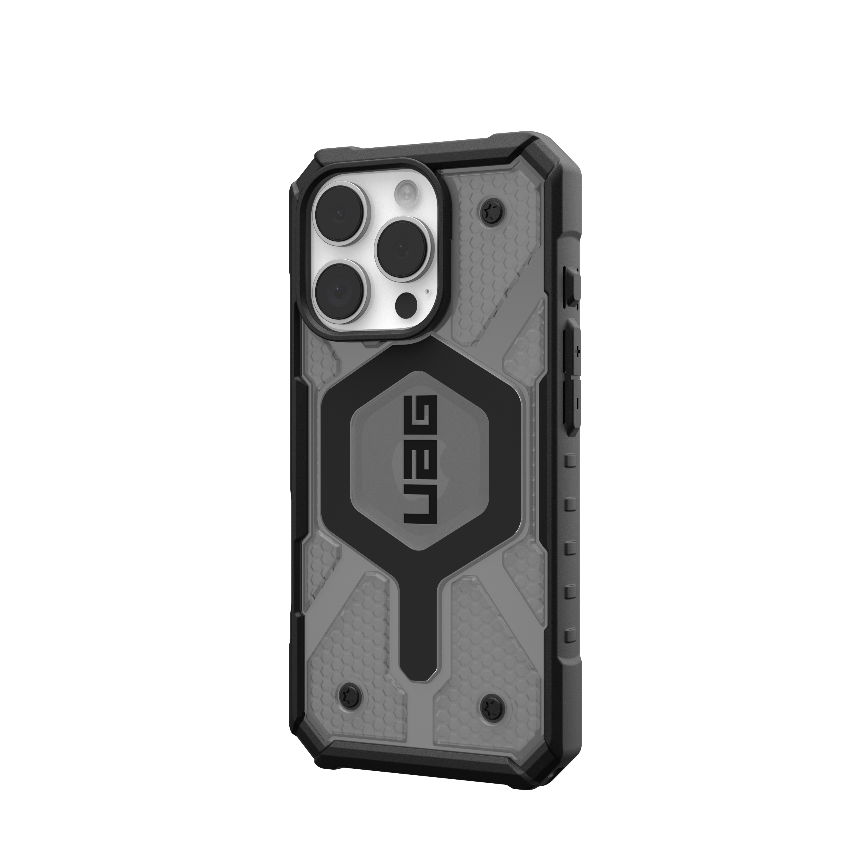 Custodia per telefono nera e grigia con logo UAG, protegge un telefono.