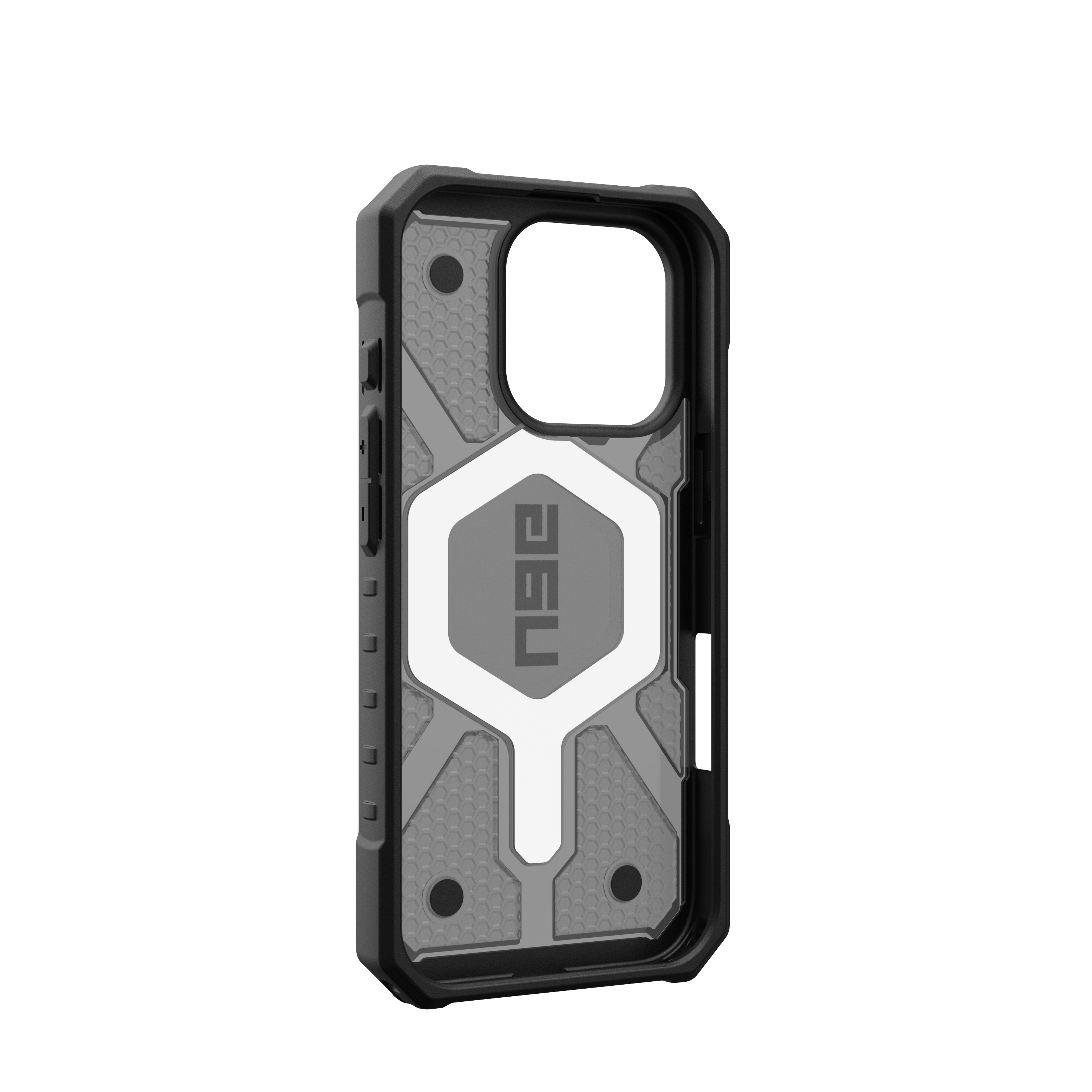 Custodia per telefono nera e grigia. Ha un design esagonale con spazio vuoto per la fotocamera. Protettiva ed elegante.