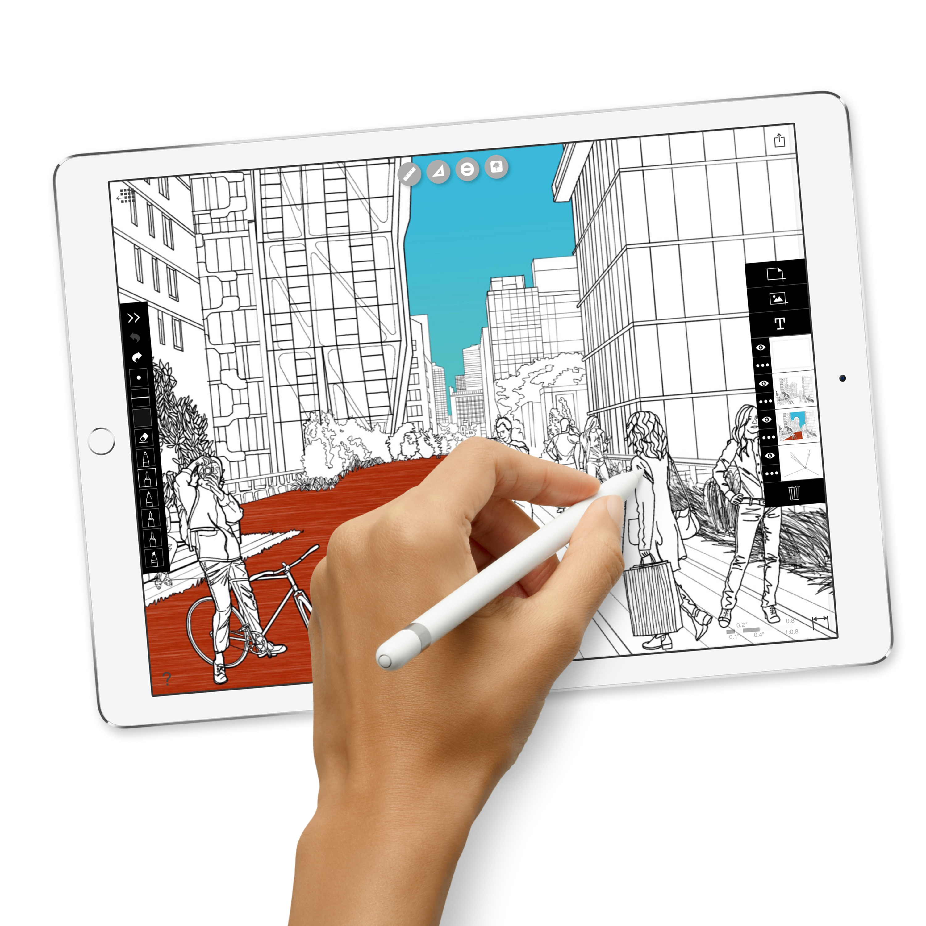 Een hand die op een tablet tekent met een witte stylus, een stadsgezicht tonend.