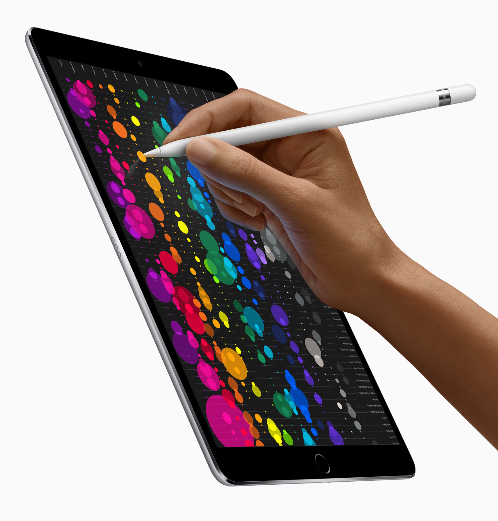 Person verwendet einen weißen Stift auf einem Tablet. Das Tablet zeigt bunte, abstrakte Formen auf schwarzem Hintergrund.