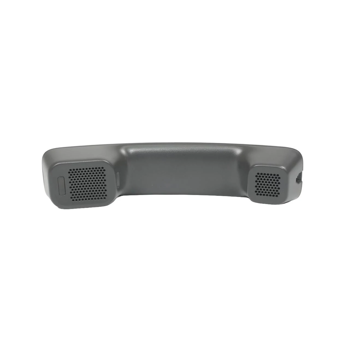 Auricular de teléfono gris. El auricular tiene aperturas para altavoz y micrófono.