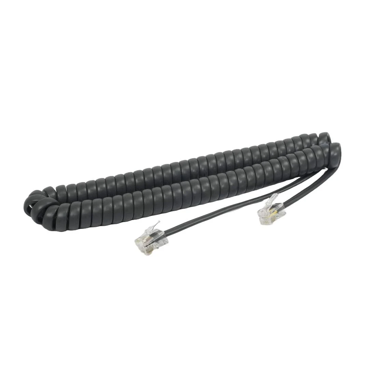 Cable telefónico en espiral gris oscuro con dos conectores RJ11 transparentes.