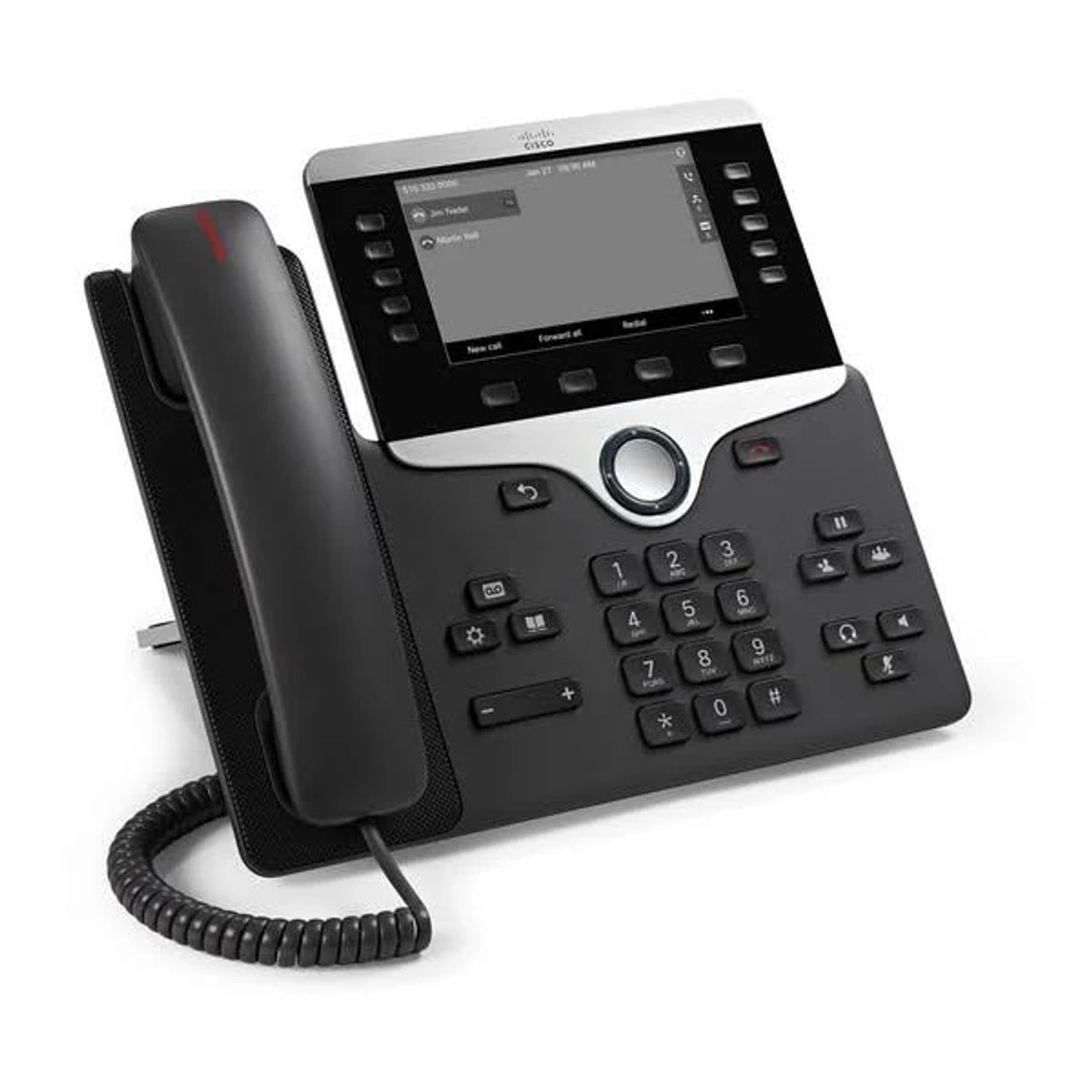 Teléfono IP Cisco negro con pantalla. Tiene botones numéricos y un auricular.