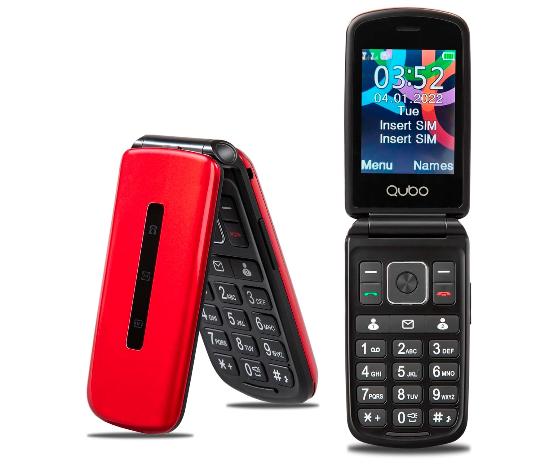 Telefono a conchiglia rosso, aperto, che rivela la tastiera e lo schermo con ora e data.