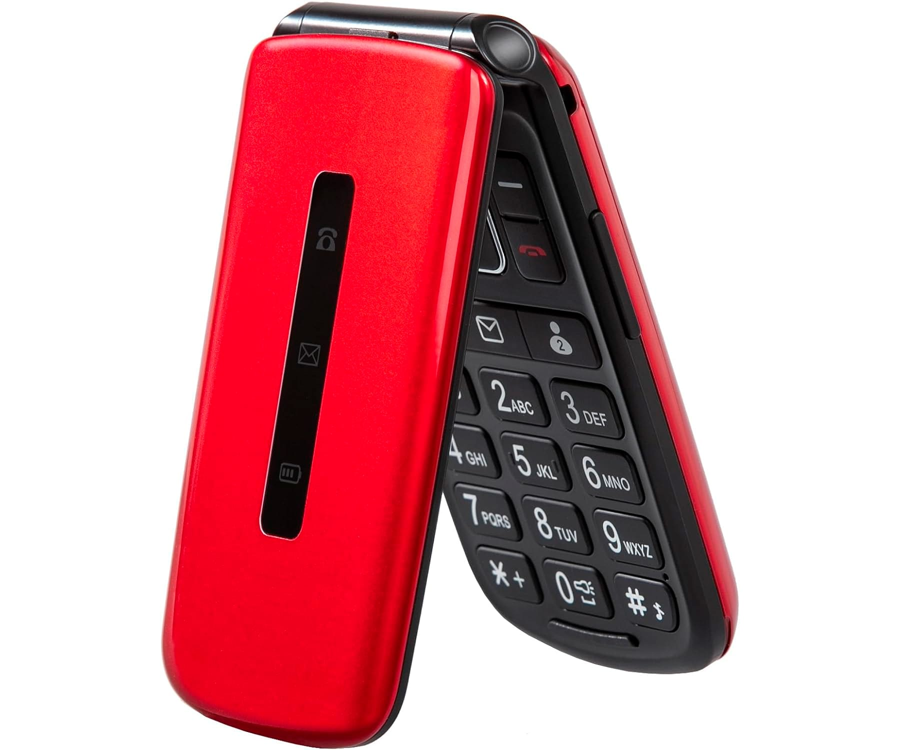 Telefono a conchiglia rosso, aperto, che mostra tasti numerici e schermo con icona lucchetto.